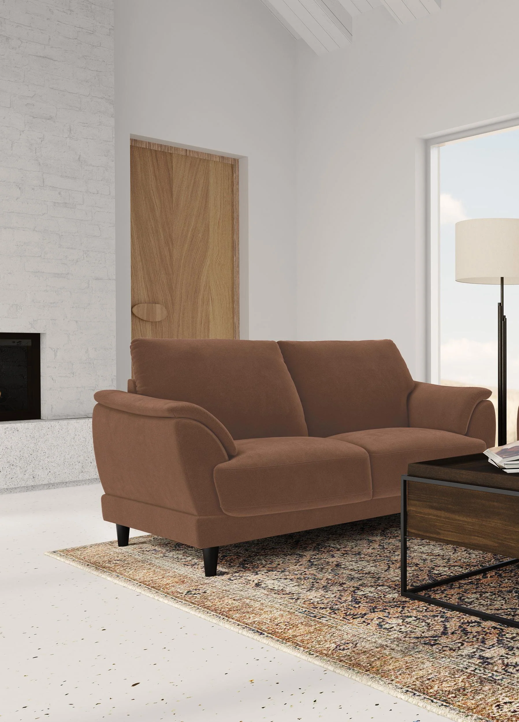 Selma Rust Velvet Crescent Arm Loveseat