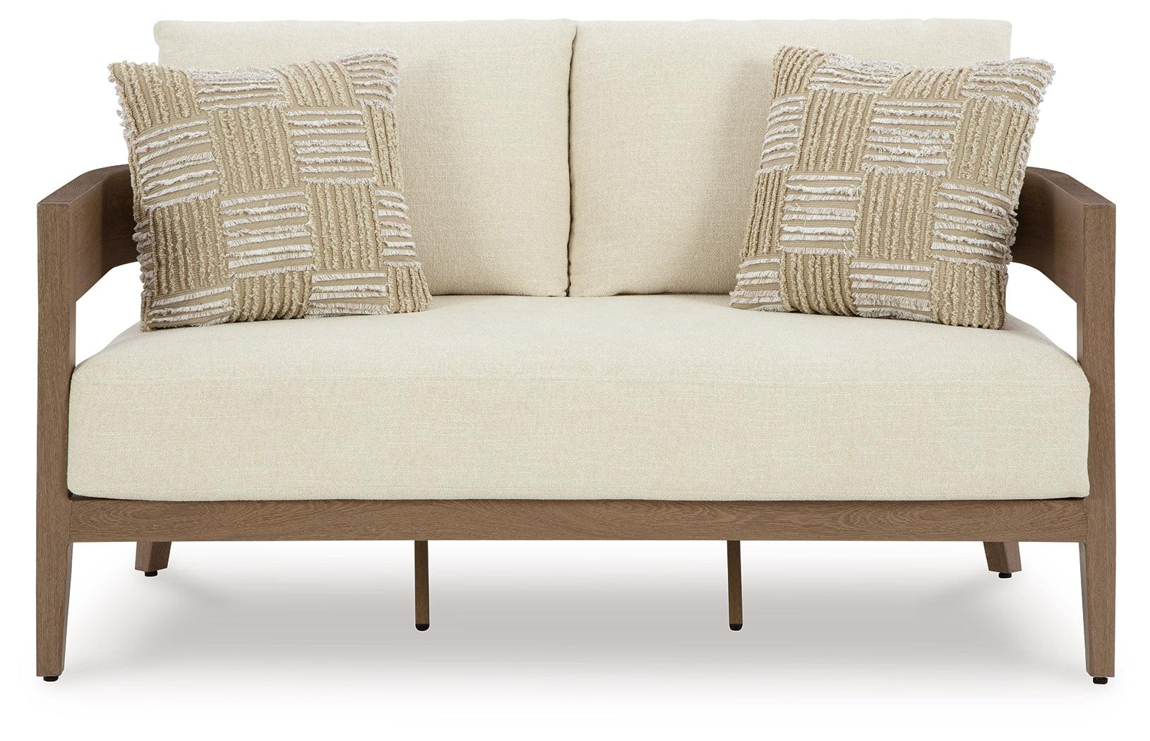Serene Bay Dark Brown/White Outdoor Loveseat with Cushion - Image 10