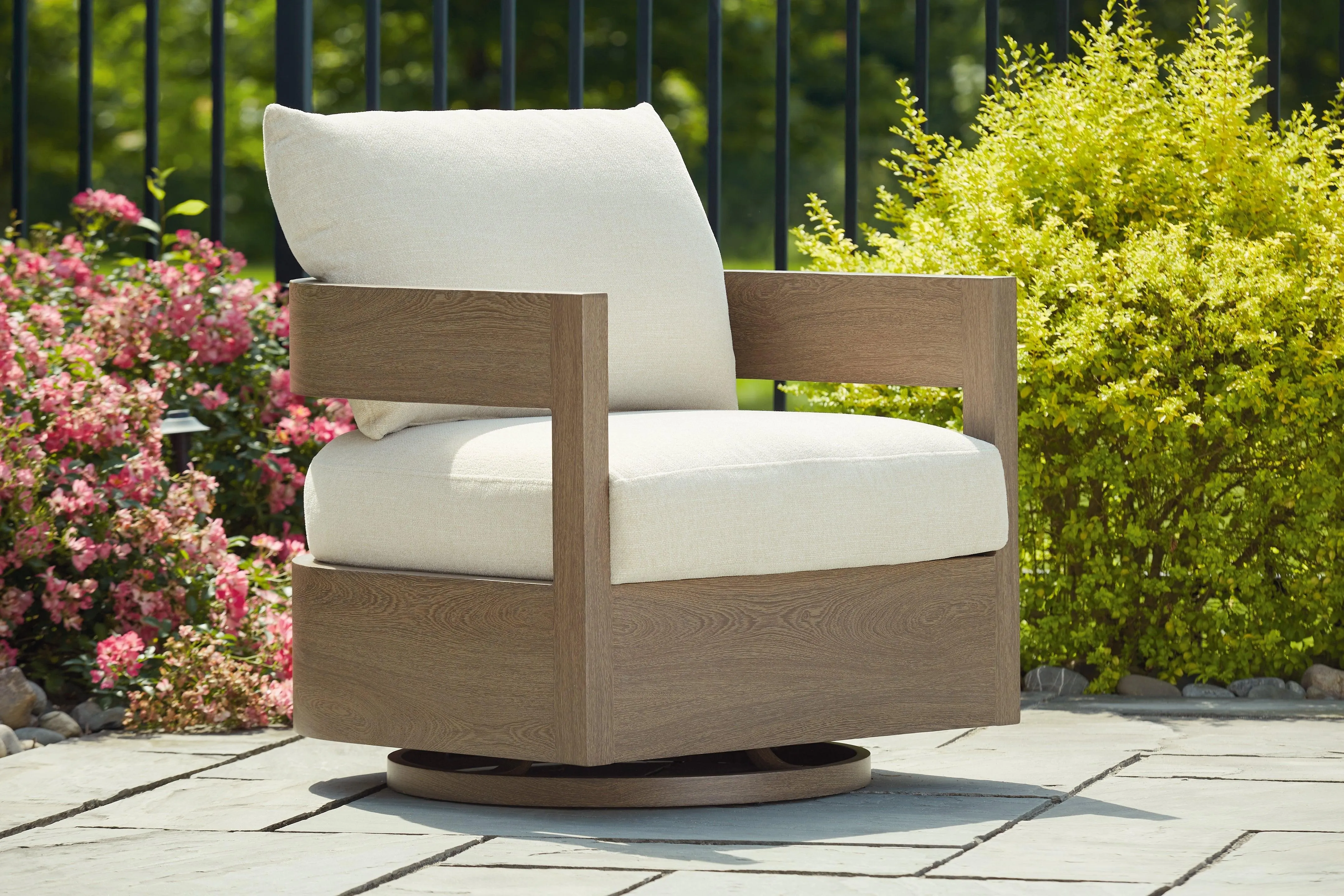 Serene Bay Dark Brown/White Outdoor Swivel Glider Chair with Cushion - Image 2
