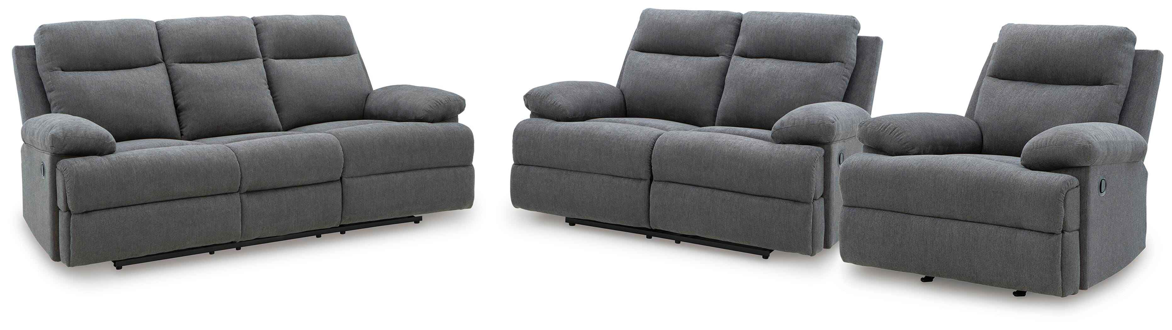 Side-Swipe Charcoal Reclining Sofa, Loveseat and Recliner