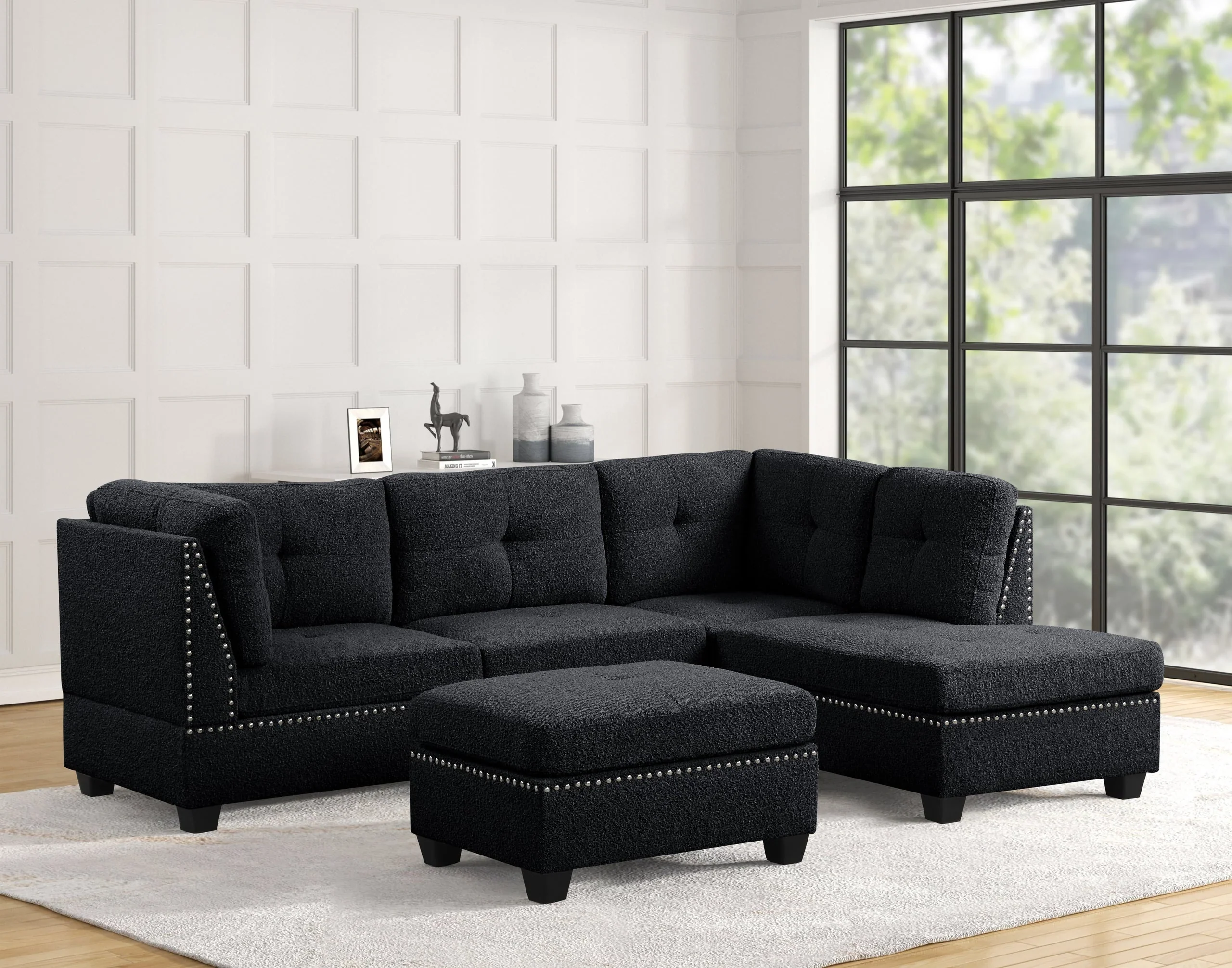 Sienna Boucle Black Sectional with Ottoman