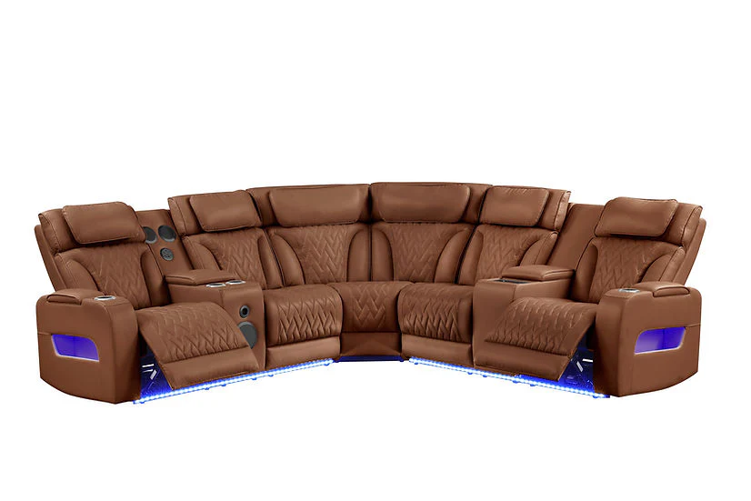 Skyline Brown Caramel Power Air Leather Reclining Sectional - Image 3