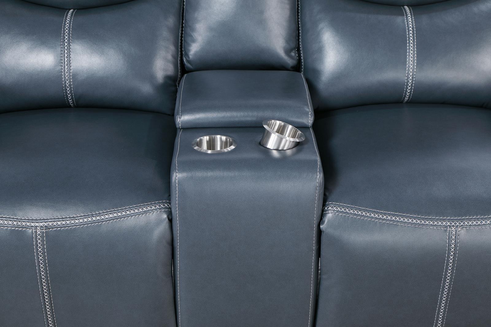 Sloane Blue Upholstered Motion Reclining Loveseat with Console - Image 9