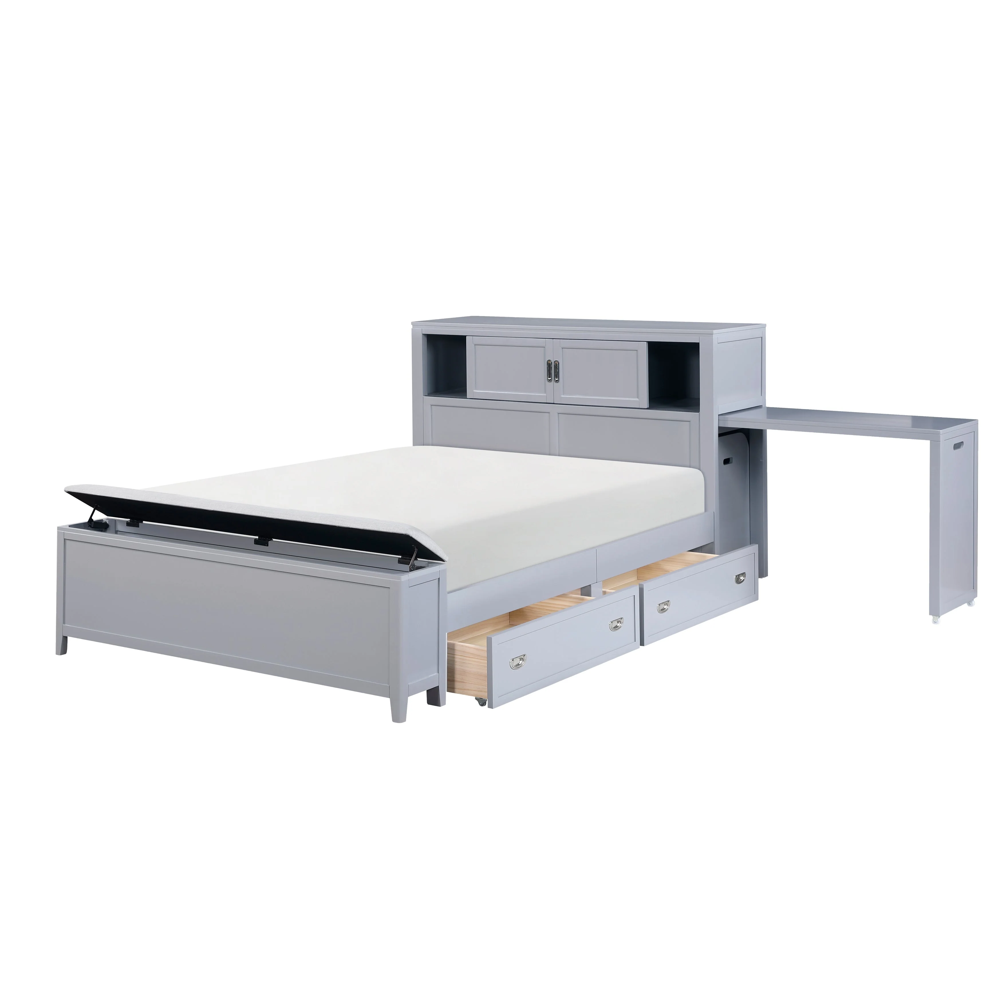 Sloane Gray Full Bookcase Bed with Hidden Desk, Stool and Storage Bench - Image 11