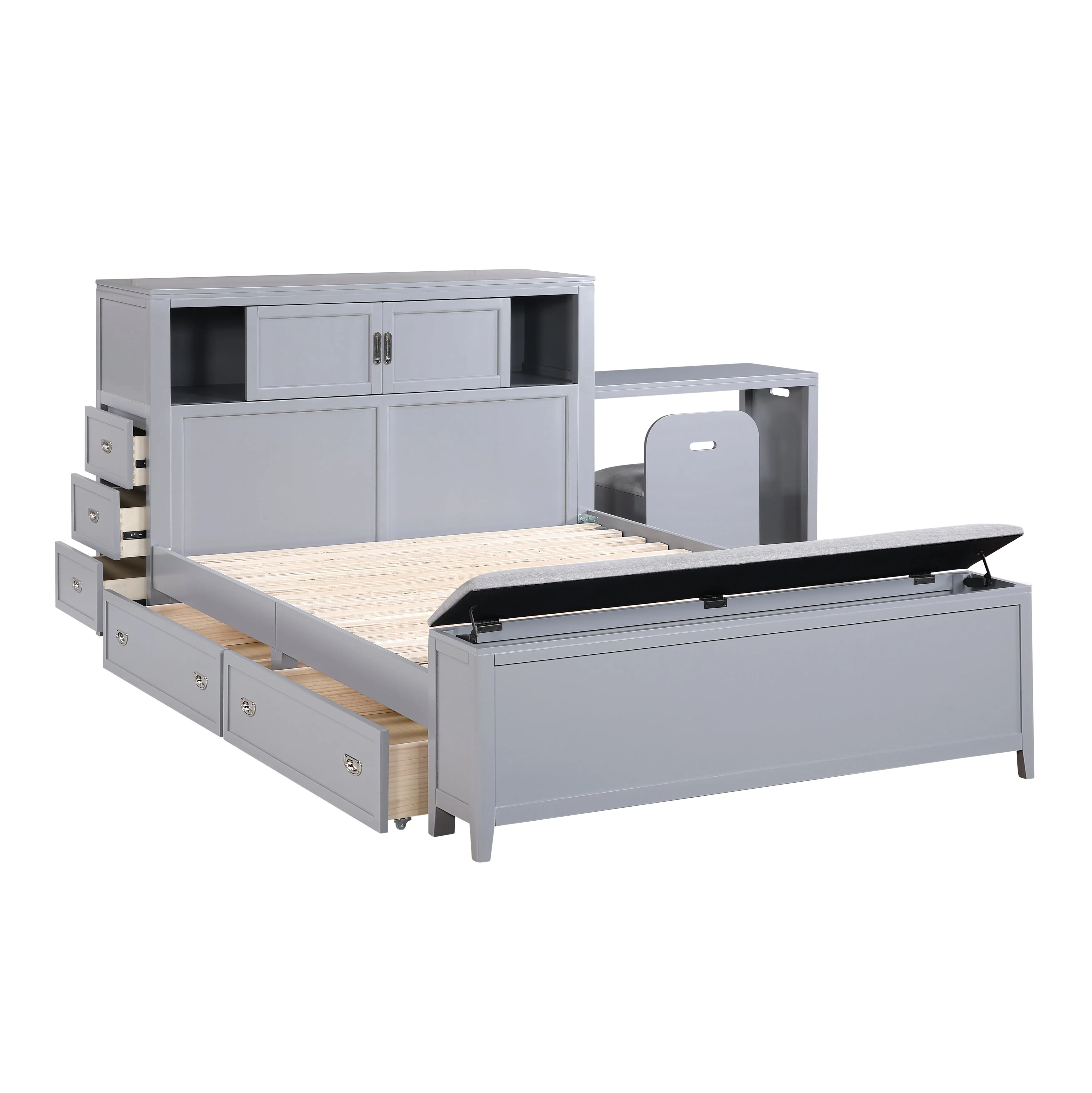 Sloane Gray Full Bookcase Bed with Hidden Desk, Stool and Storage Bench - Image 18