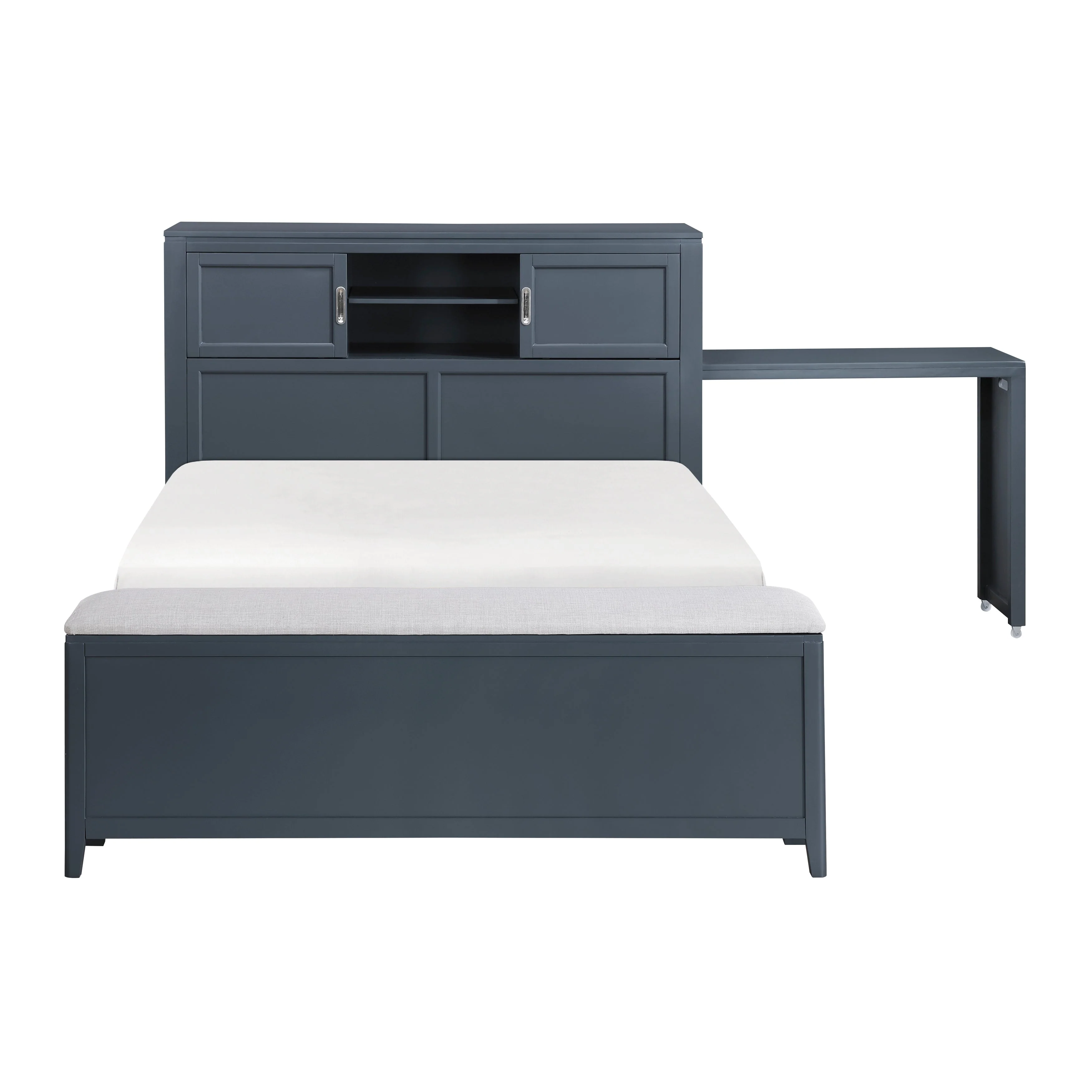 Sloane Navy Blue Full Bookcase Bed with Hidden Desk, Stool and Storage Bench - Image 7