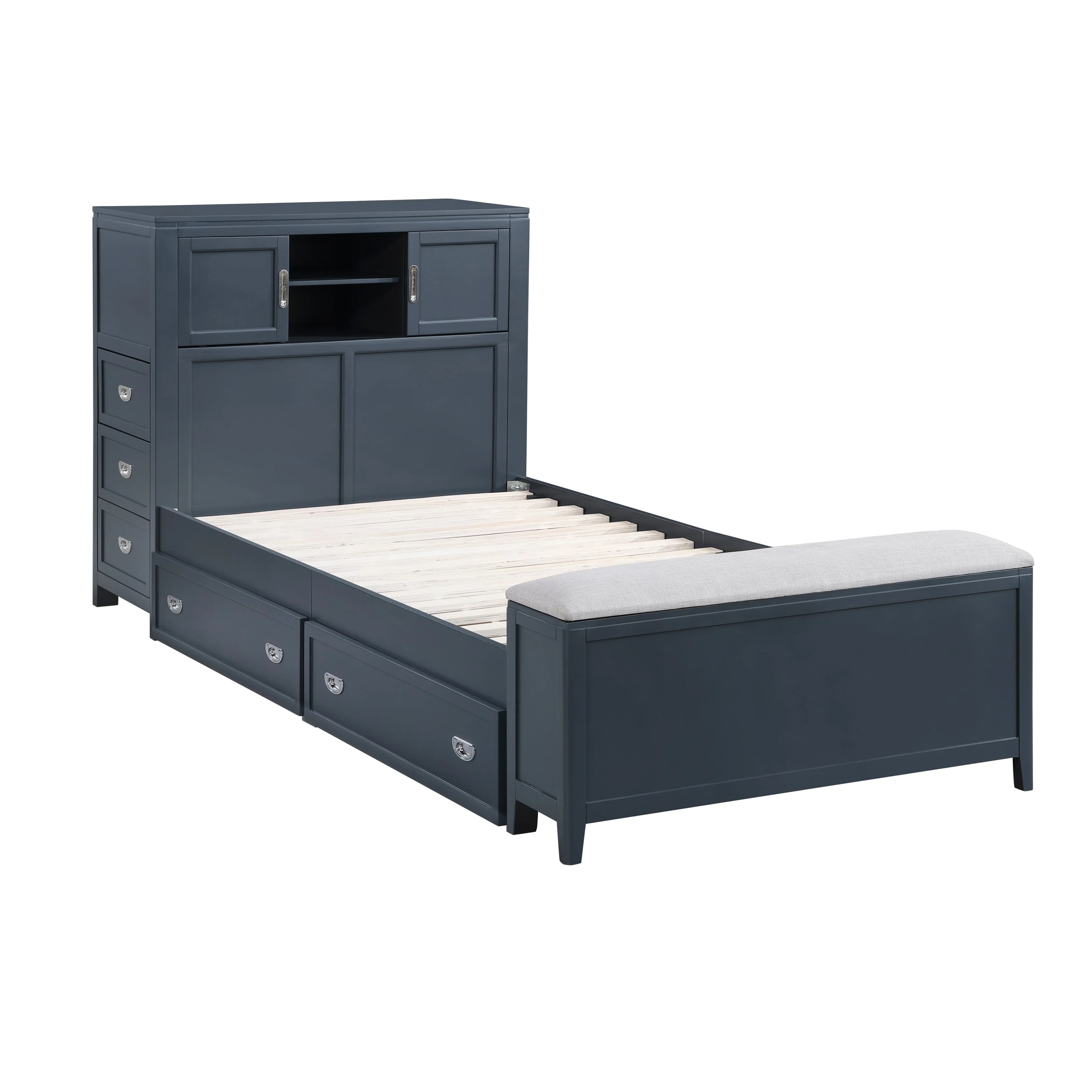 Sloane Navy Blue Twin Bookcase Bed with Hidden Desk, Stool and Storage Bench - Image 11