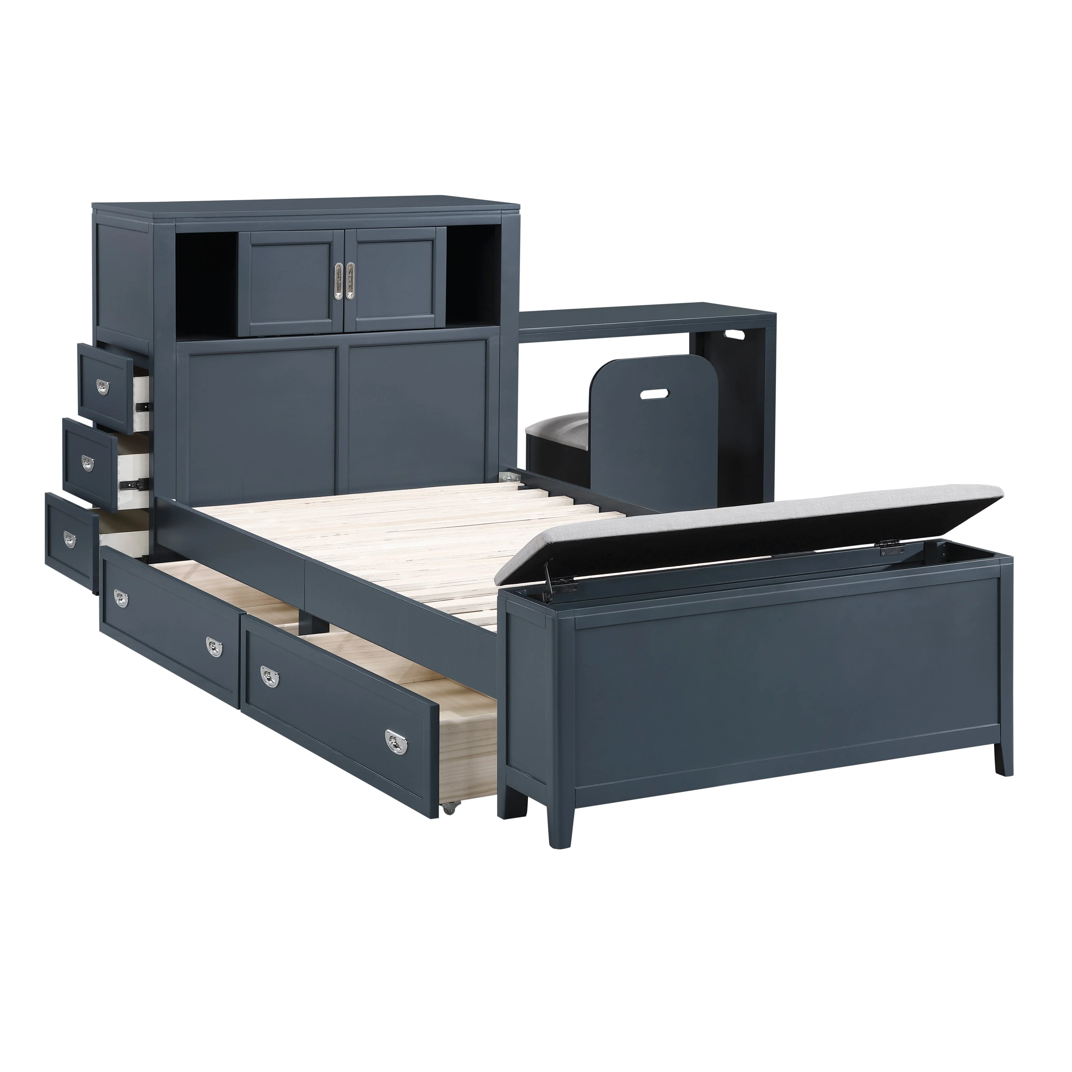 Sloane Navy Blue Twin Bookcase Bed with Hidden Desk, Stool and Storage Bench - Image 17