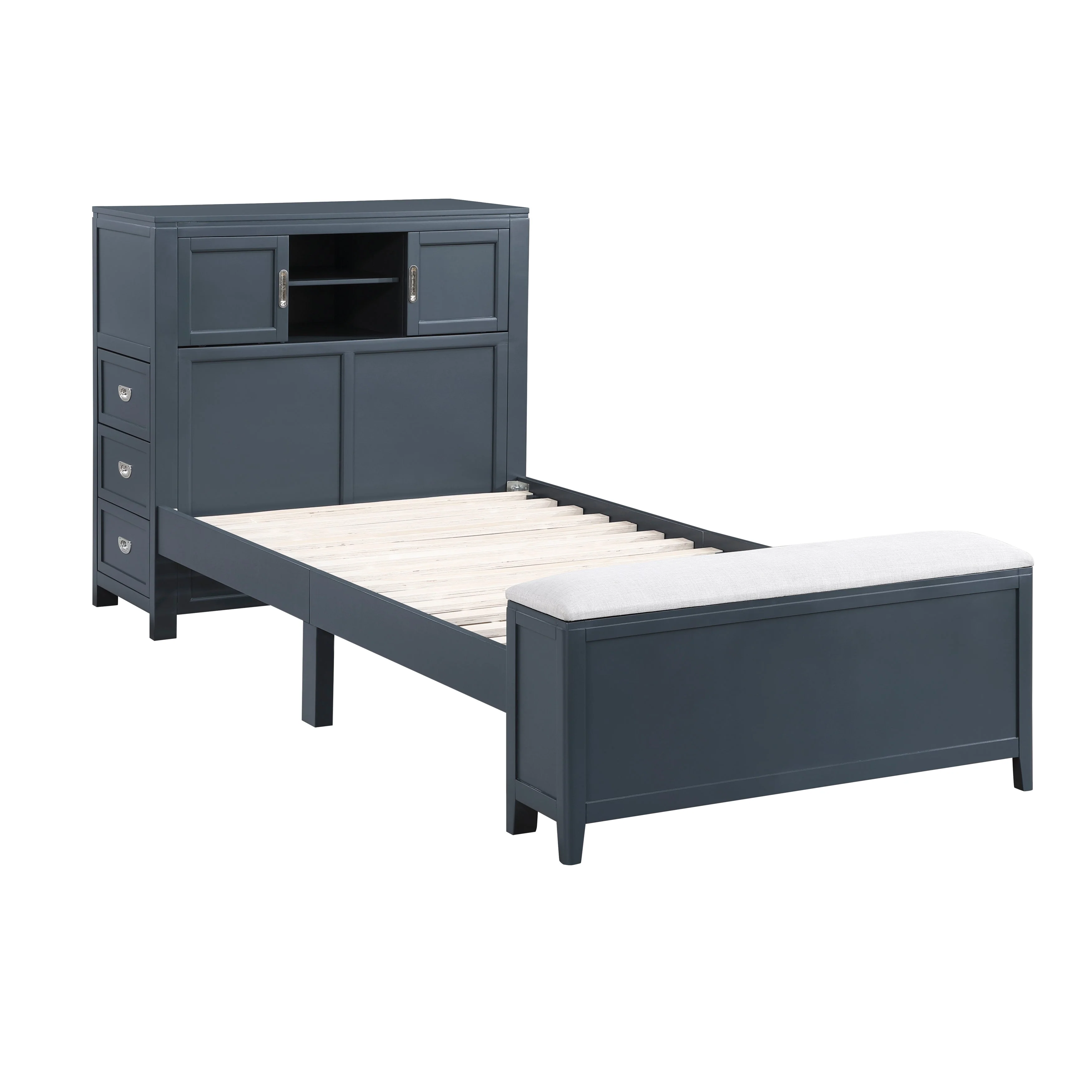 Sloane Navy Blue Twin Bookcase Bed with Hidden Desk, Stool and Storage Bench - Image 2