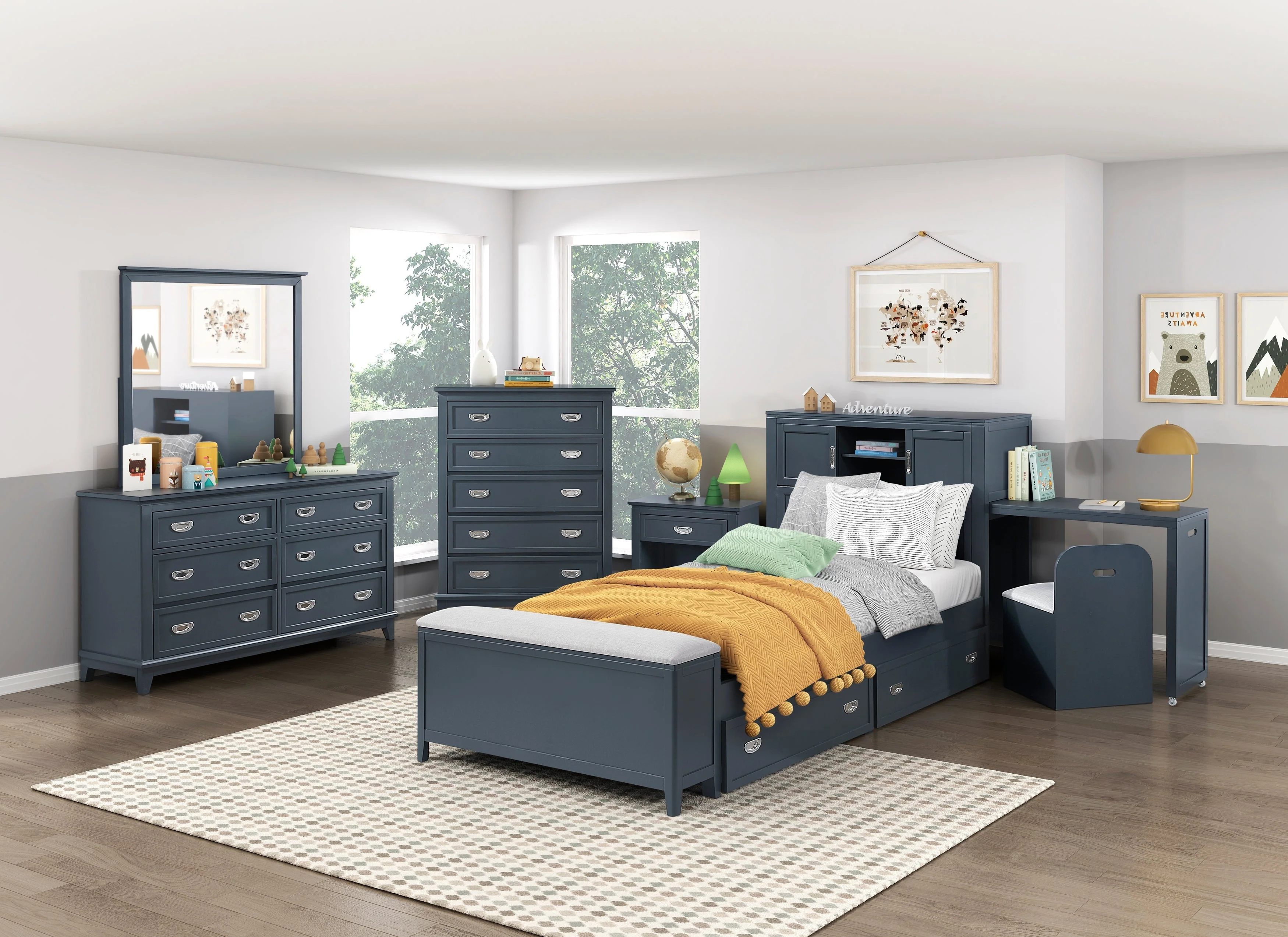 Sloane Navy Blue Twin Bookcase Bed with Hidden Desk, Stool and Storage Bench - Image 32