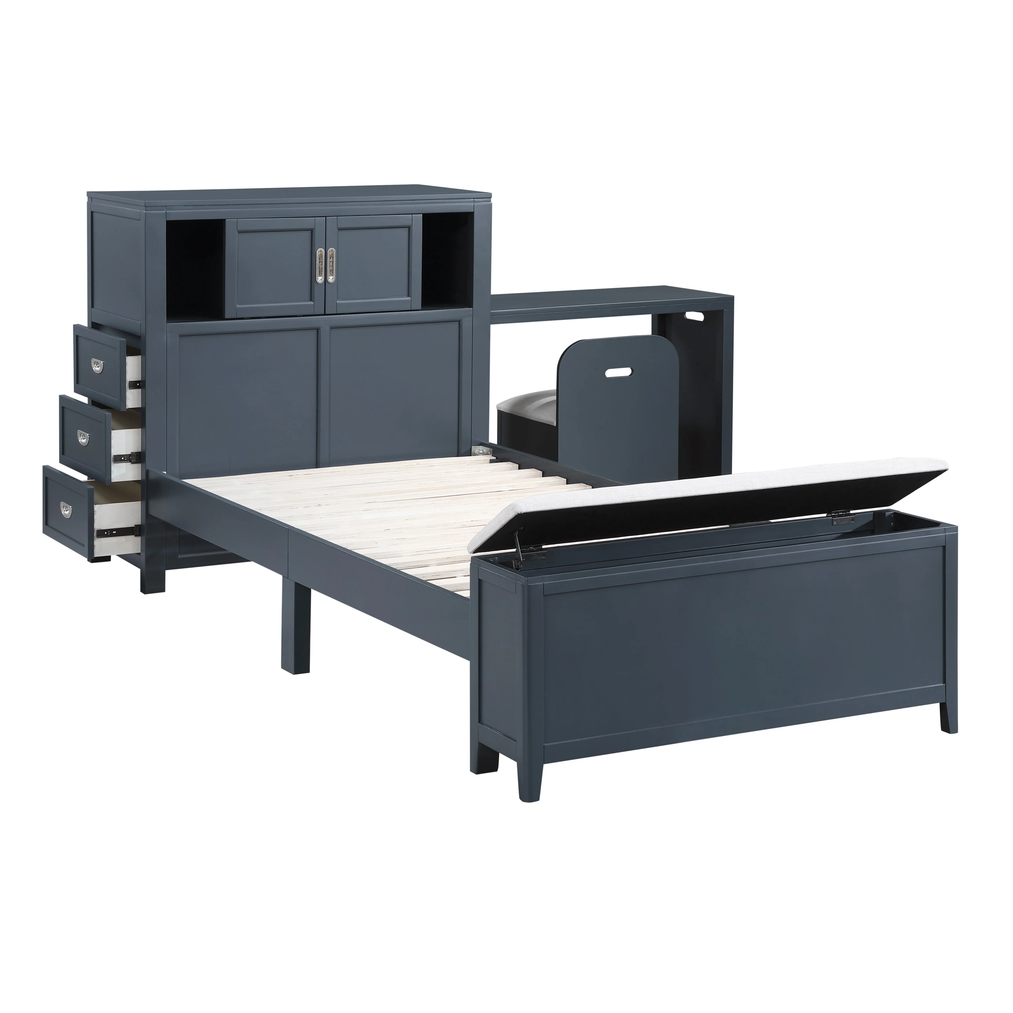 Sloane Navy Blue Twin Bookcase Bed with Hidden Desk, Stool and Storage Bench - Image 9