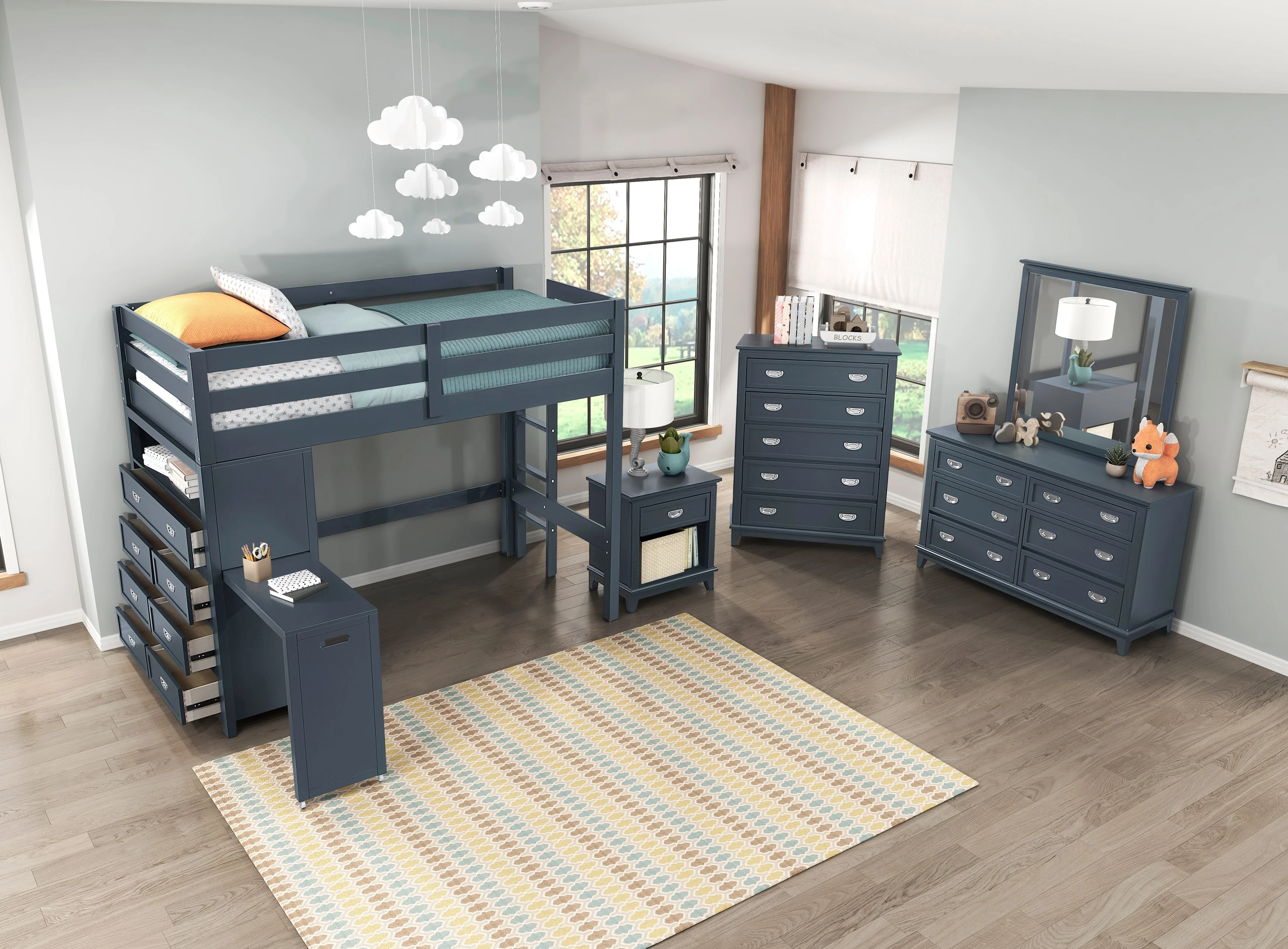 Sloane Navy Blue Twin/Full Loft Bunk Bed with Chest and Hidden Desk - Image 35