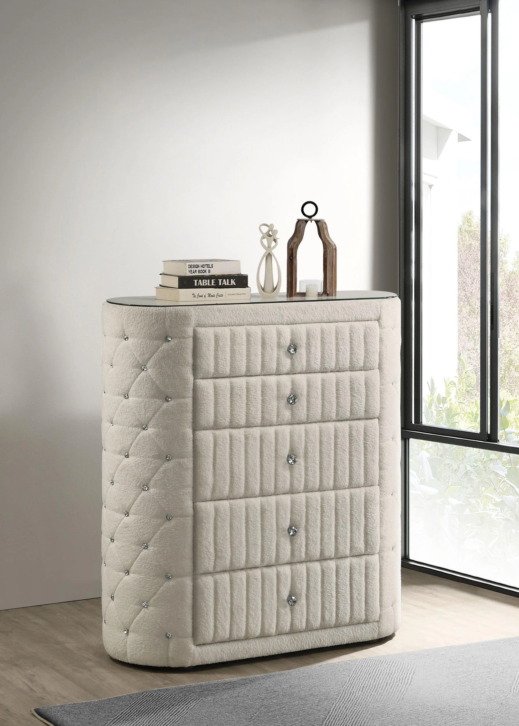 Sonya Ivory 5-Drawer Upholstered Bedroom Chest of Drawers