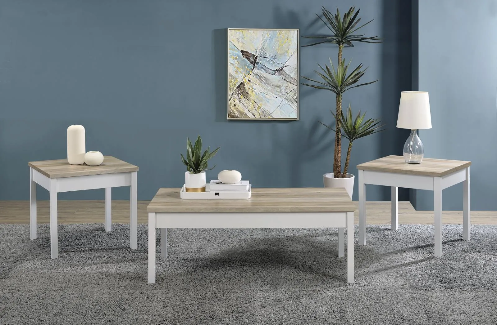 Stacie Antique Pine and White 3-piece Composite Wood Coffee Table Set