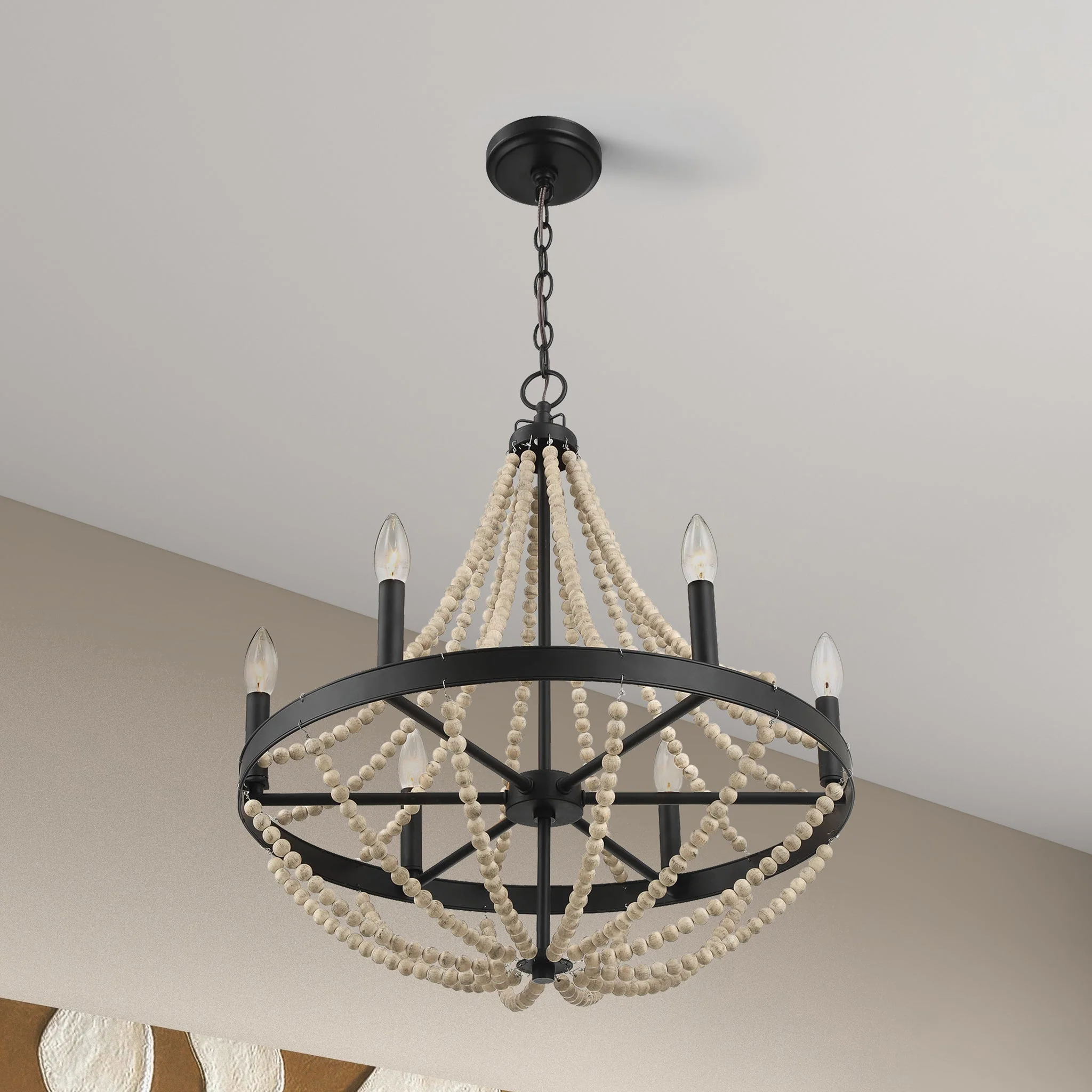 Starry Wood Chandelier Farmhouse Six Candle Light Wood Beaded Black Pendant Light for Dining Room - Image 3