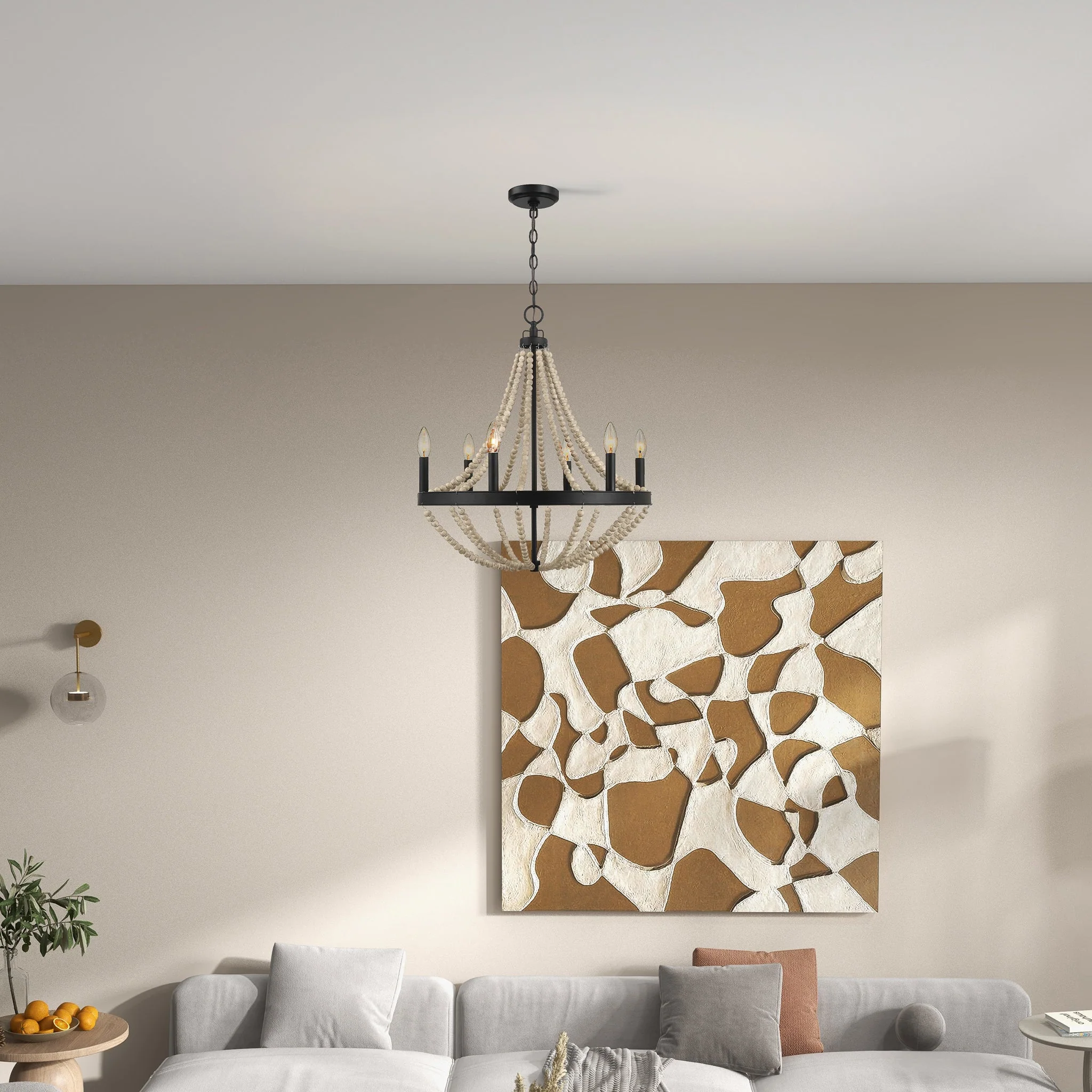 Starry Wood Chandelier Farmhouse Six Candle Light Wood Beaded Black Pendant Light for Dining Room - Image 5