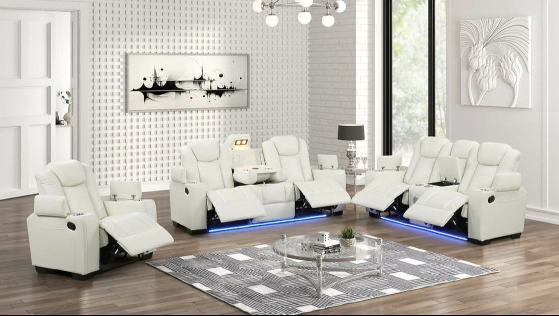 Stefano LED White 3-Piece Reclining Living Room Set