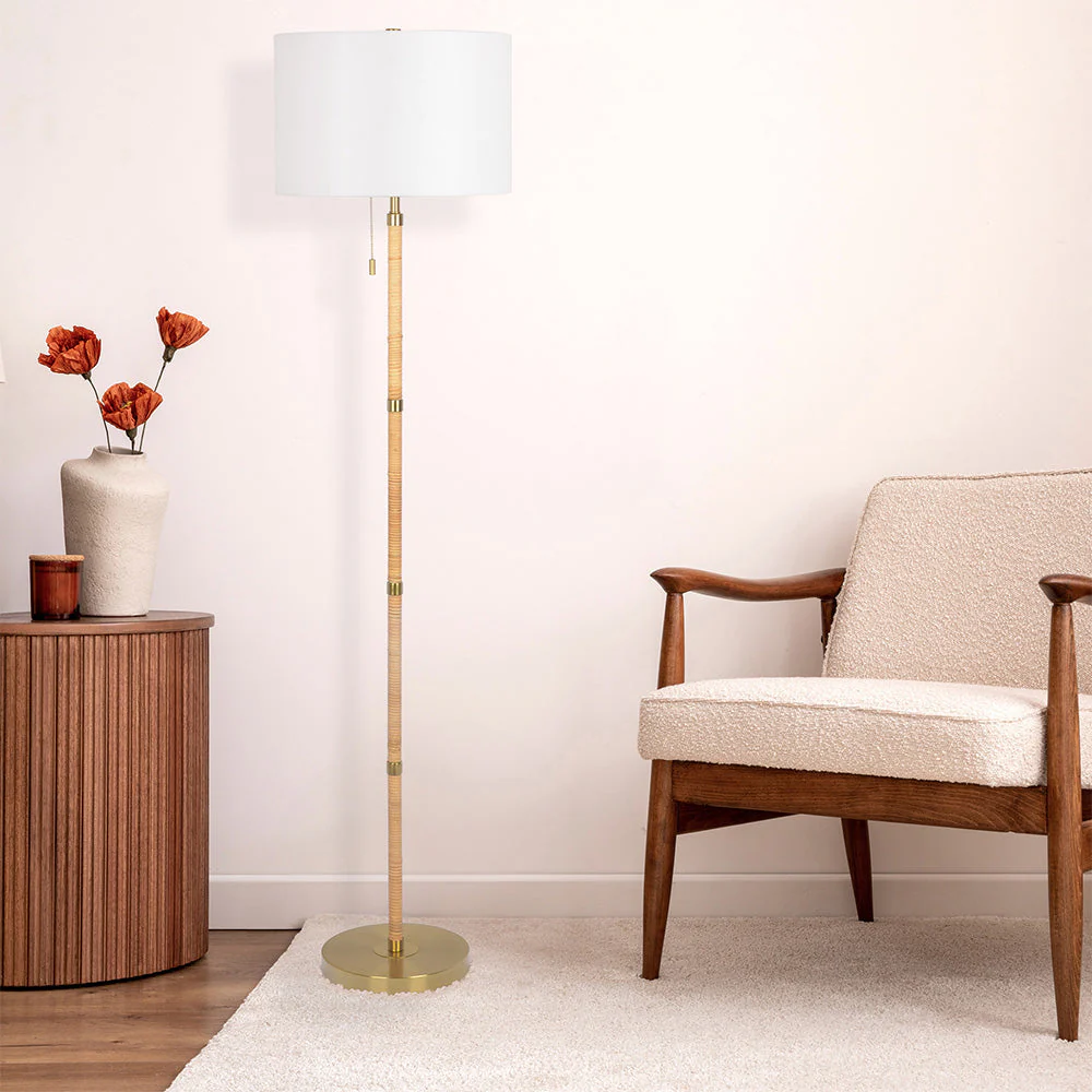 Stellar Wood Rattan Tube , Gold Brass Metal and White Linen Shade Floor Lamp - Image 2