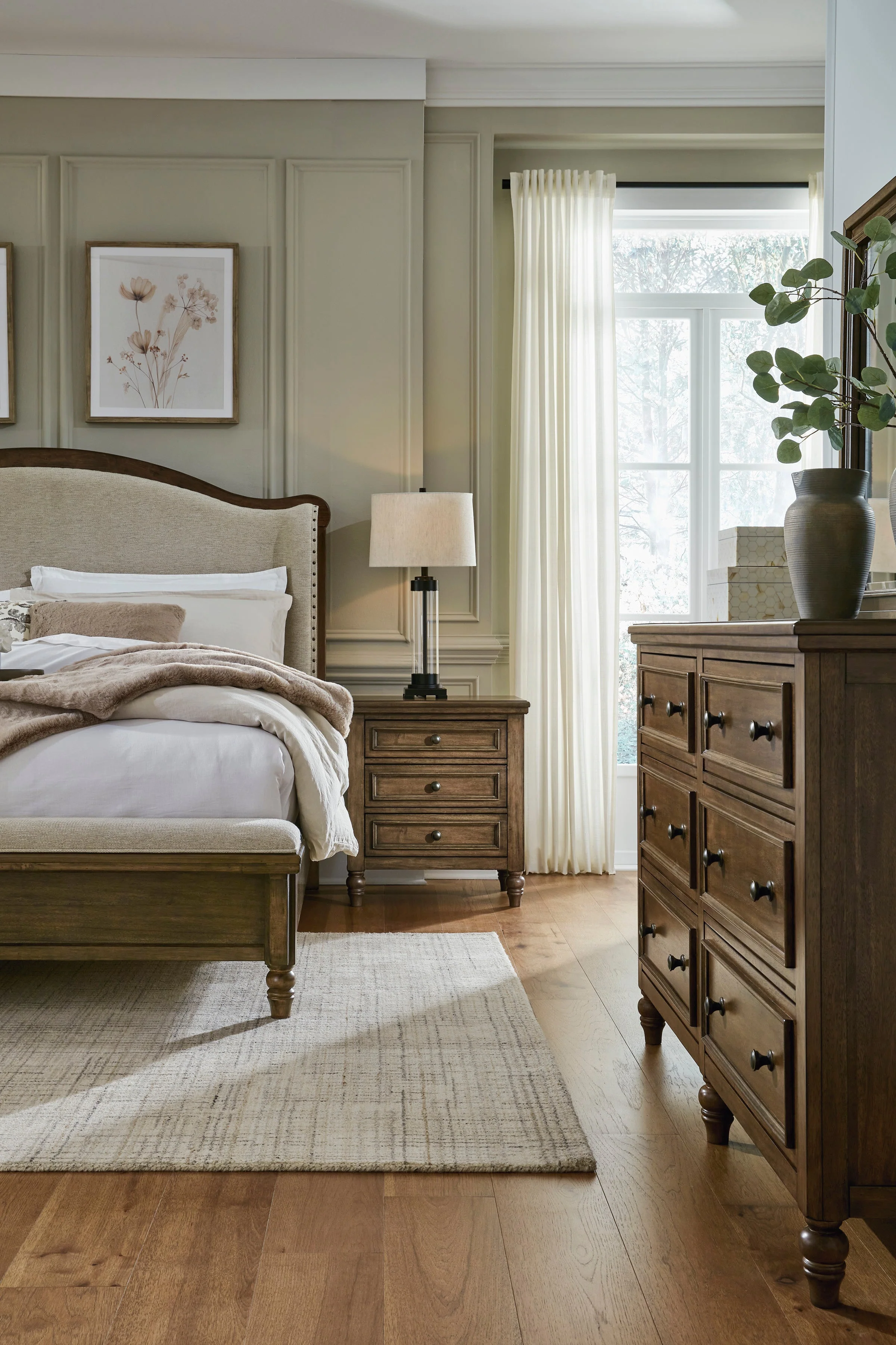 Sturlayne Brown California King Upholstered Panel Bed with Footboard Bench - Image 6