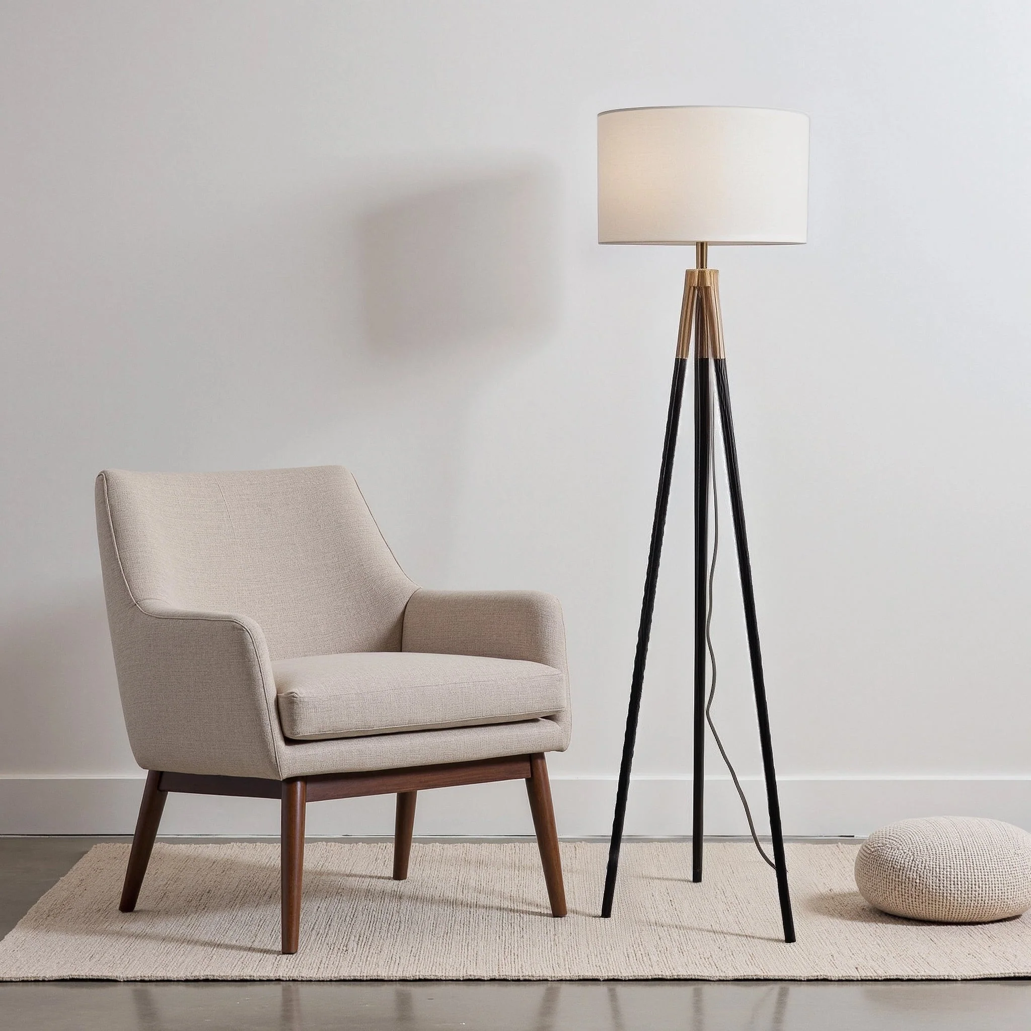 Sway Brassed Gold Floor Lamp with On/Off Switch Triple Legs White Fabric Shade - Image 2