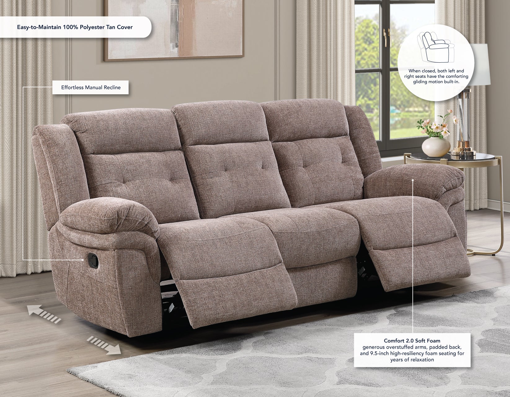 Sydney Sofa, Manual Reclining, Double Glider, Brown - Image 3