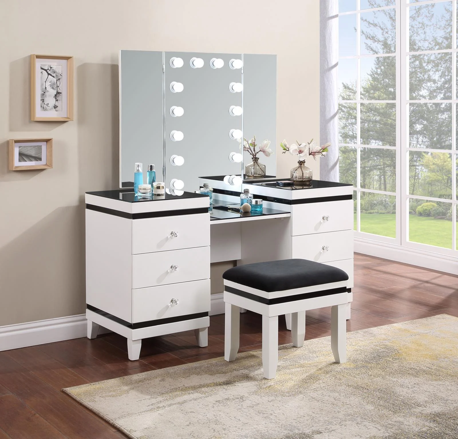 Talei Black and White 6-drawer Vanity Set with Hollywood Lighting