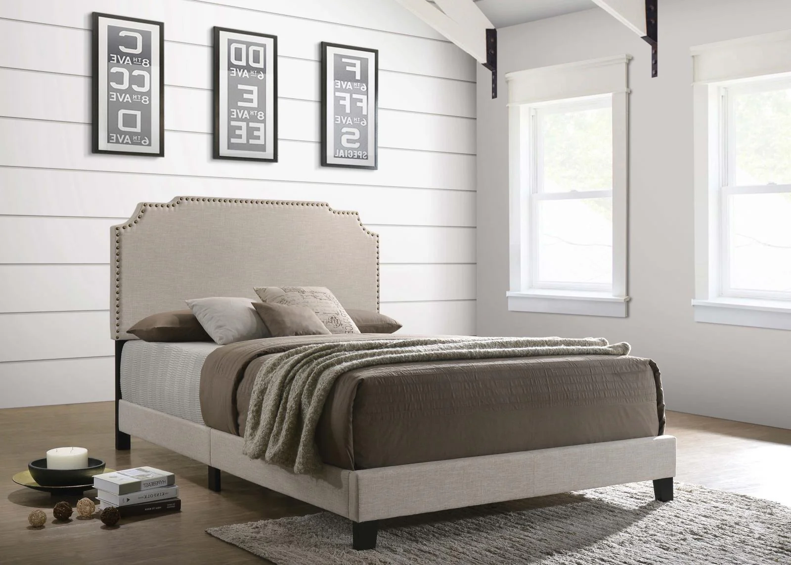 Tamarac Beige Upholstered Nailhead Queen Bed