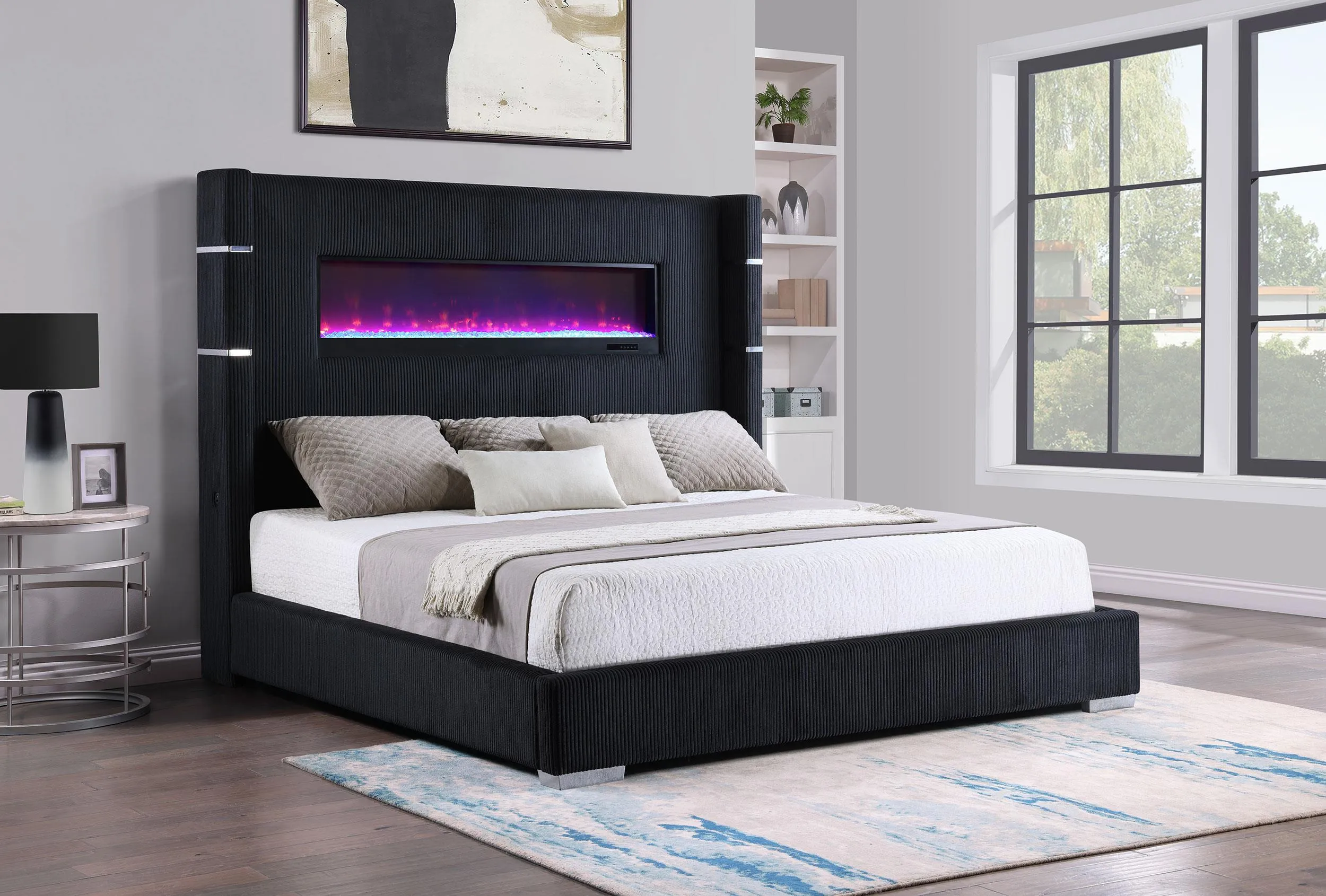 Tisdall Black 67-inch Upholstered Eastern King Fireplace Bed