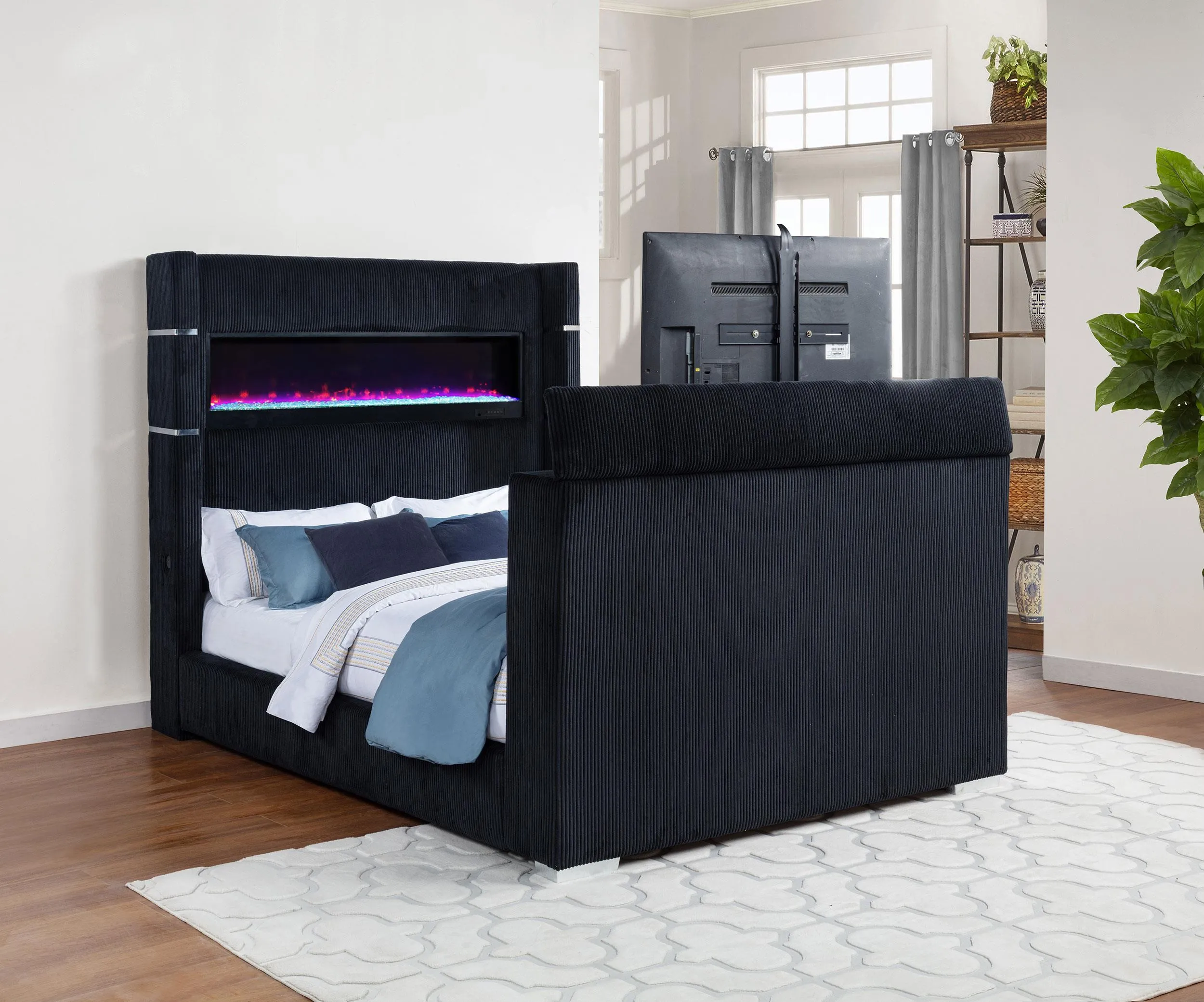 Tisdall Black Eastern King Flame Visualizer Wingback TV Bed - Image 2