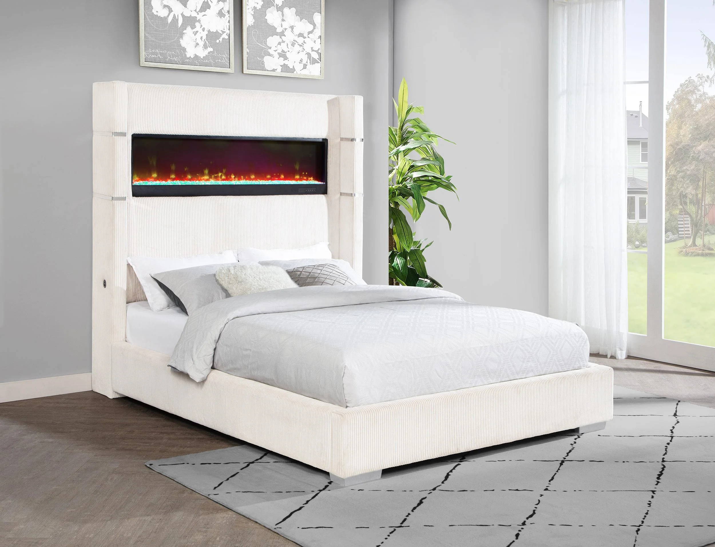 Tisdall Cream 67-inch Upholstered Eastern King Fireplace Bed