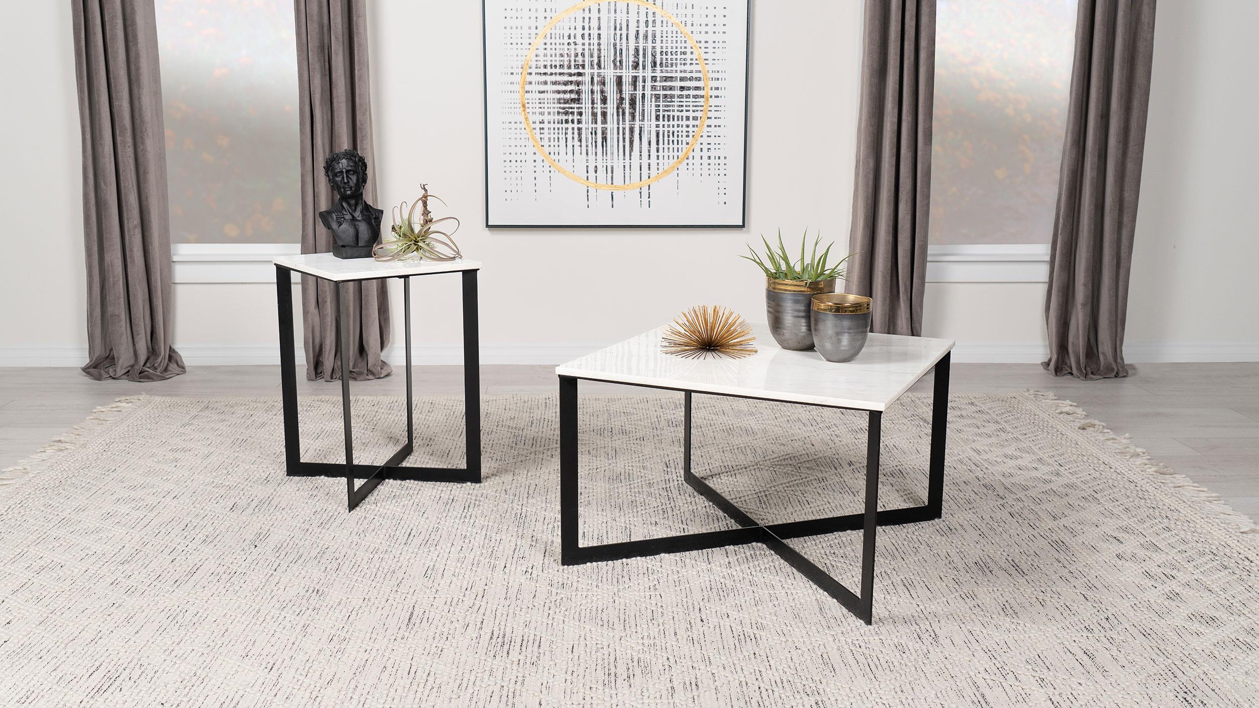 Tobin White and Black 2-Piece Marble Top Coffee and End Table Set