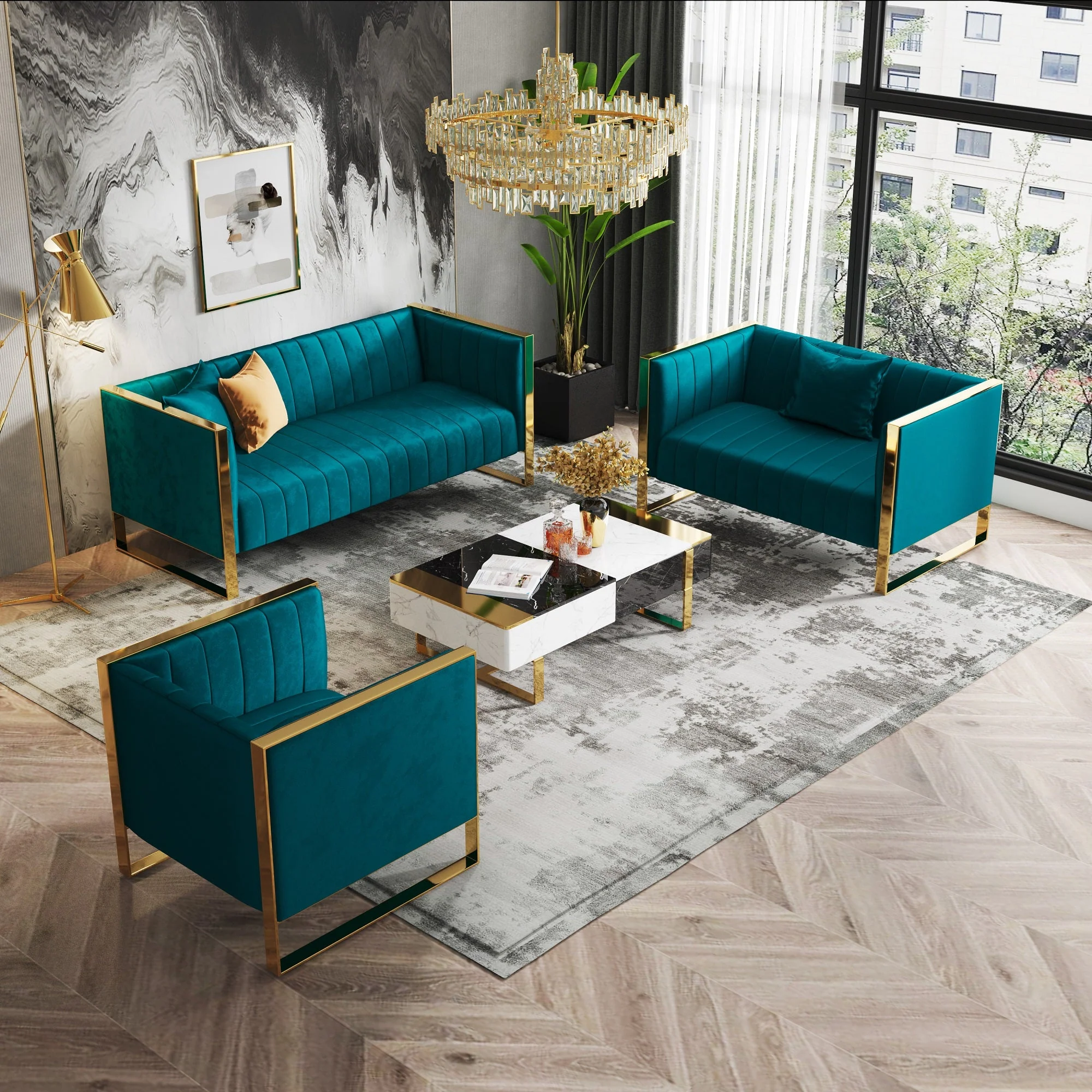 Trillium 3 Piece - Sofa, Loveseat and Armchair Set in Teal and Gold - Image 2