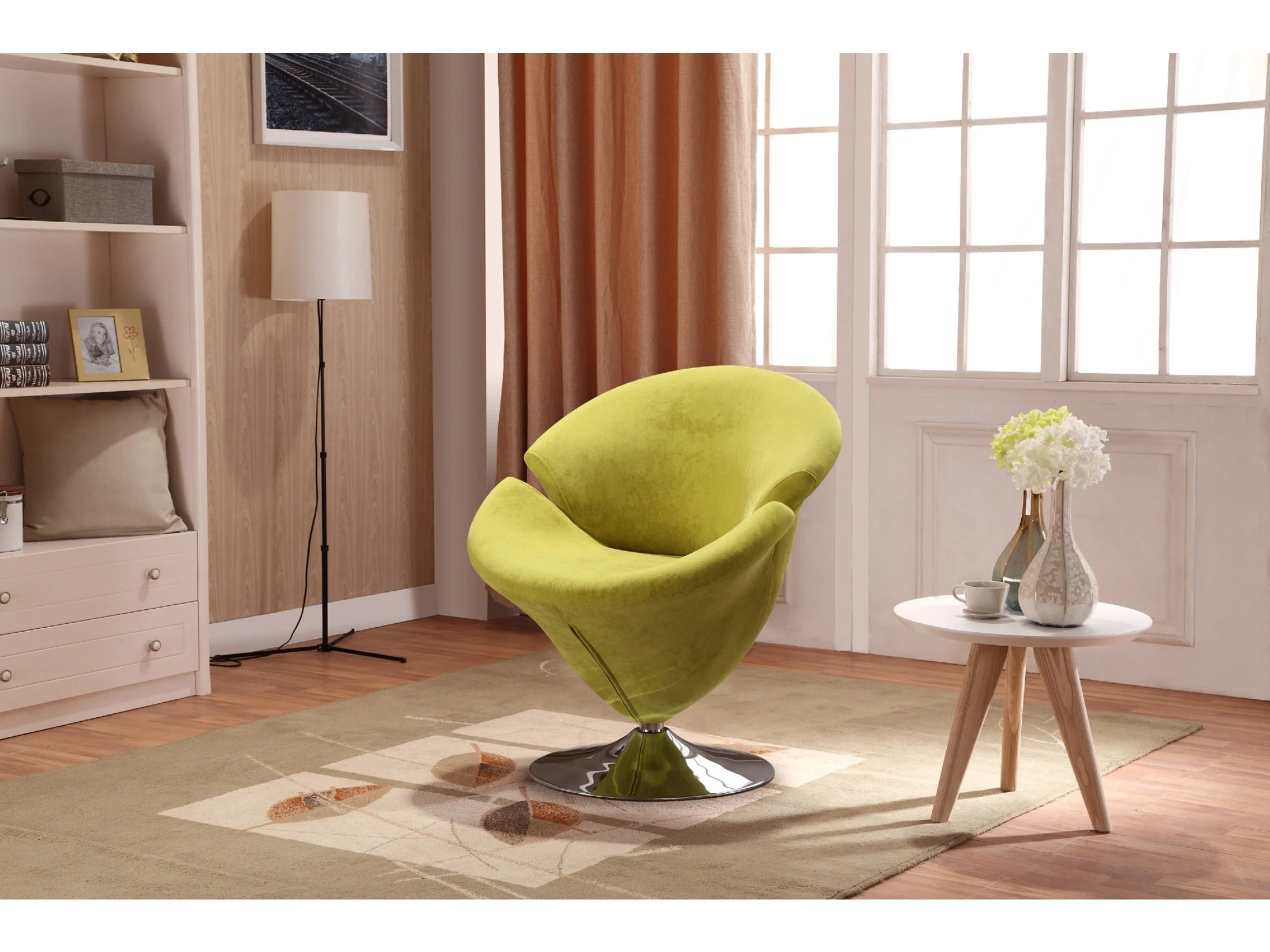 Tulip Swivel Accent Chair in Green and Polished Chrome (set of 2)