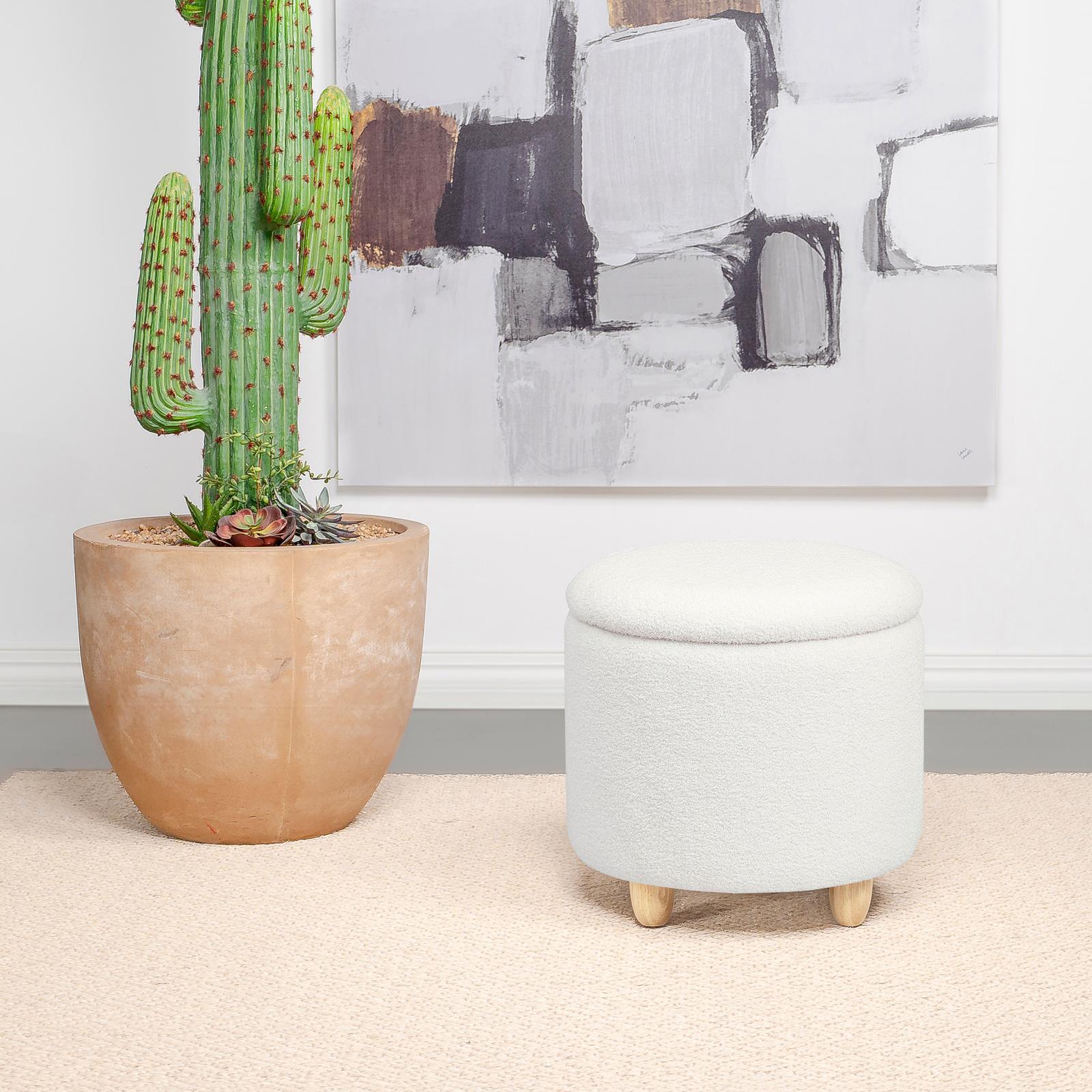 Valia Ivory Faux Sheepskin Upholstered Round Storage Ottoman