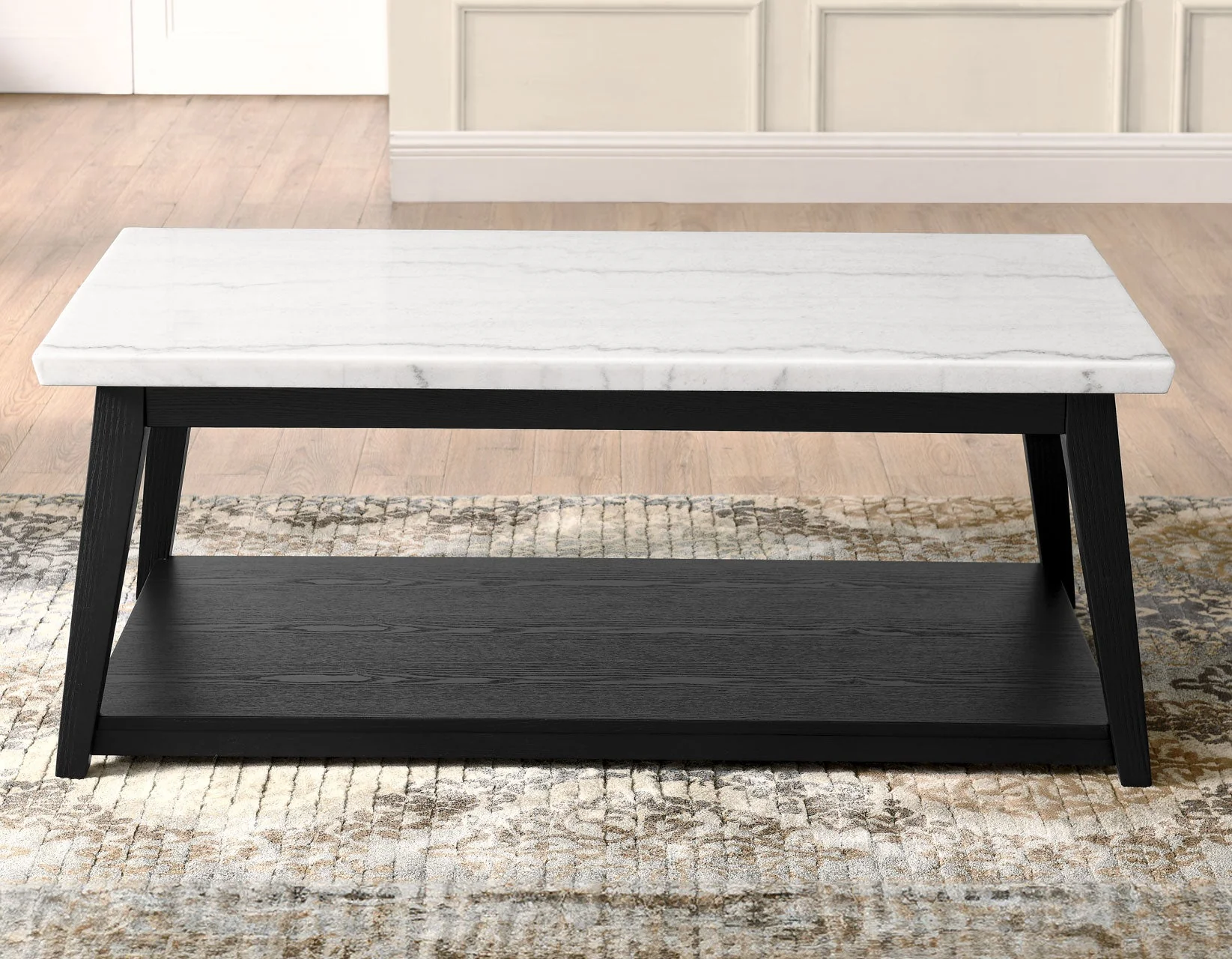 Vida Black Cocktail Table, White Marble Top, Castered - Image 4