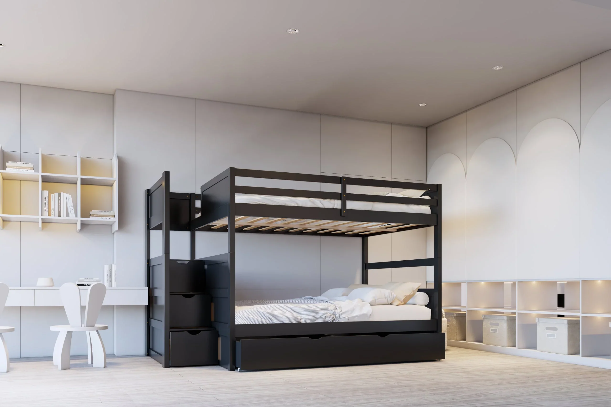 Walker Black Full Bunk Bed w/Twin Trundle and Staircase Storage