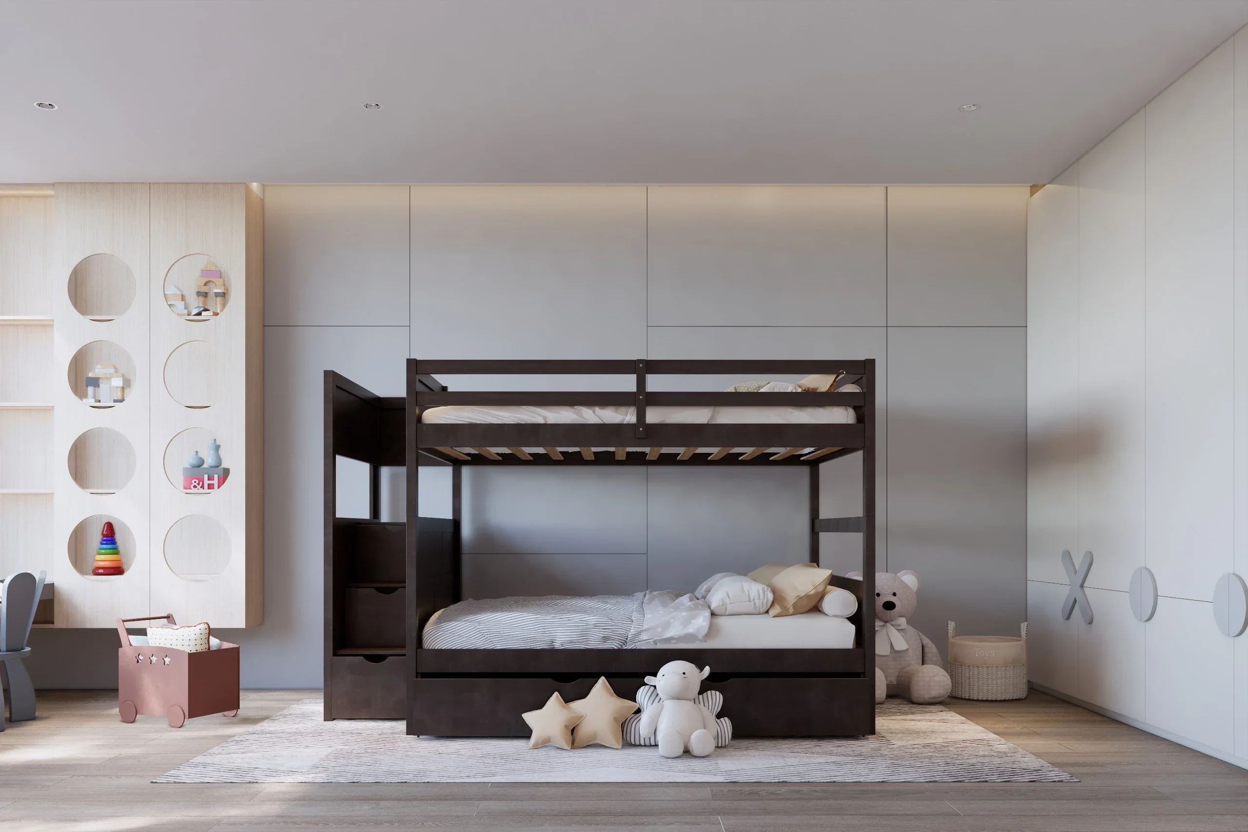 Walker Brown Full Bunk Bed w/Twin Trundle with Staircase Storage