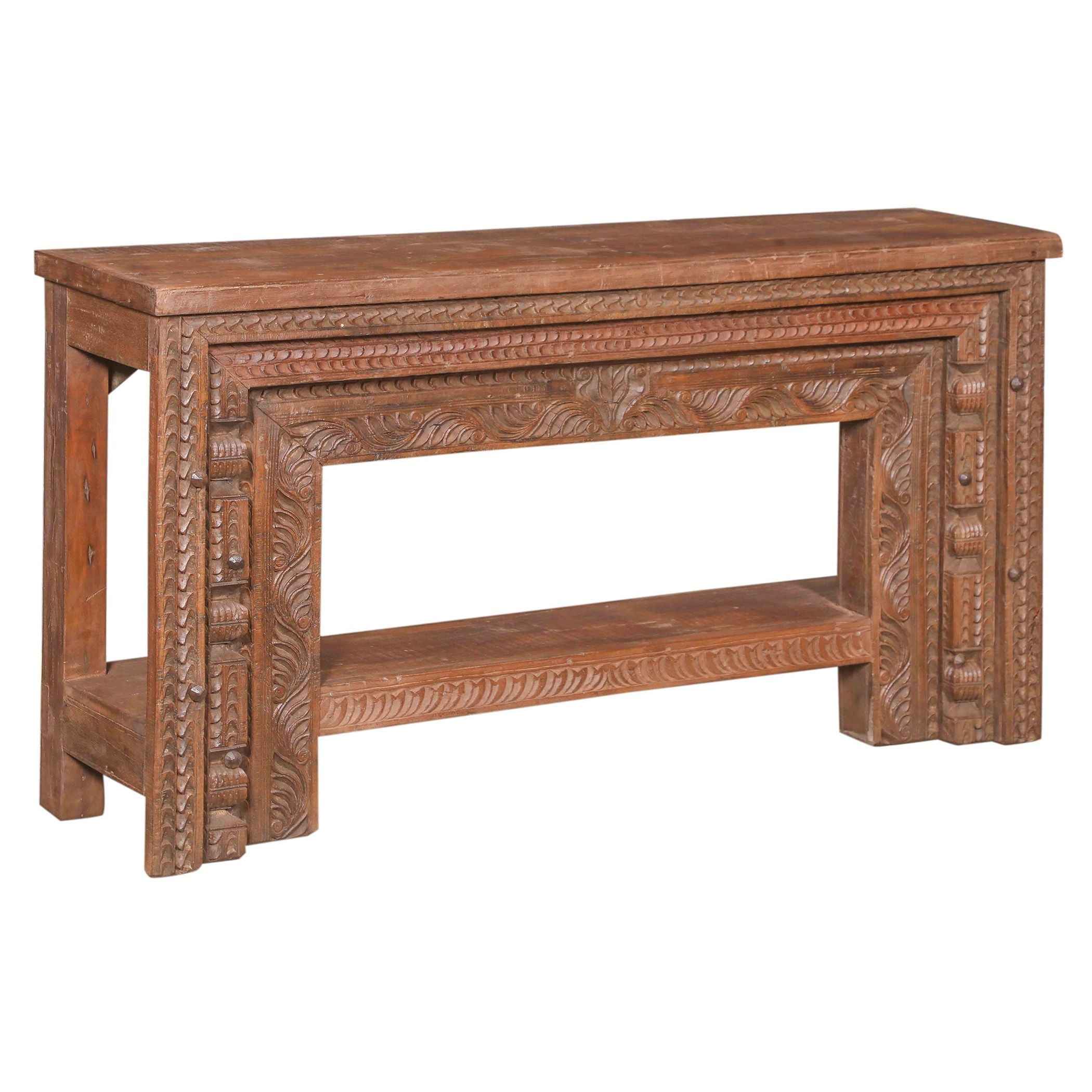 Wood Console Table with Hand Carved Panel