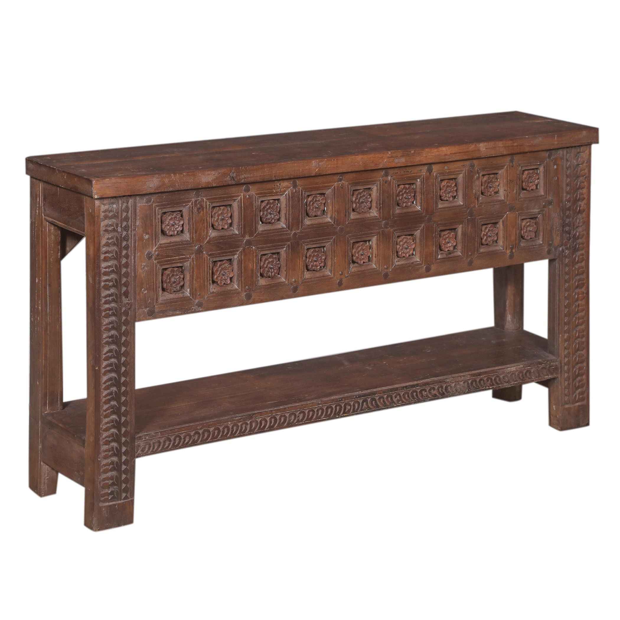 Wood Console Table with Hand Carved Panel