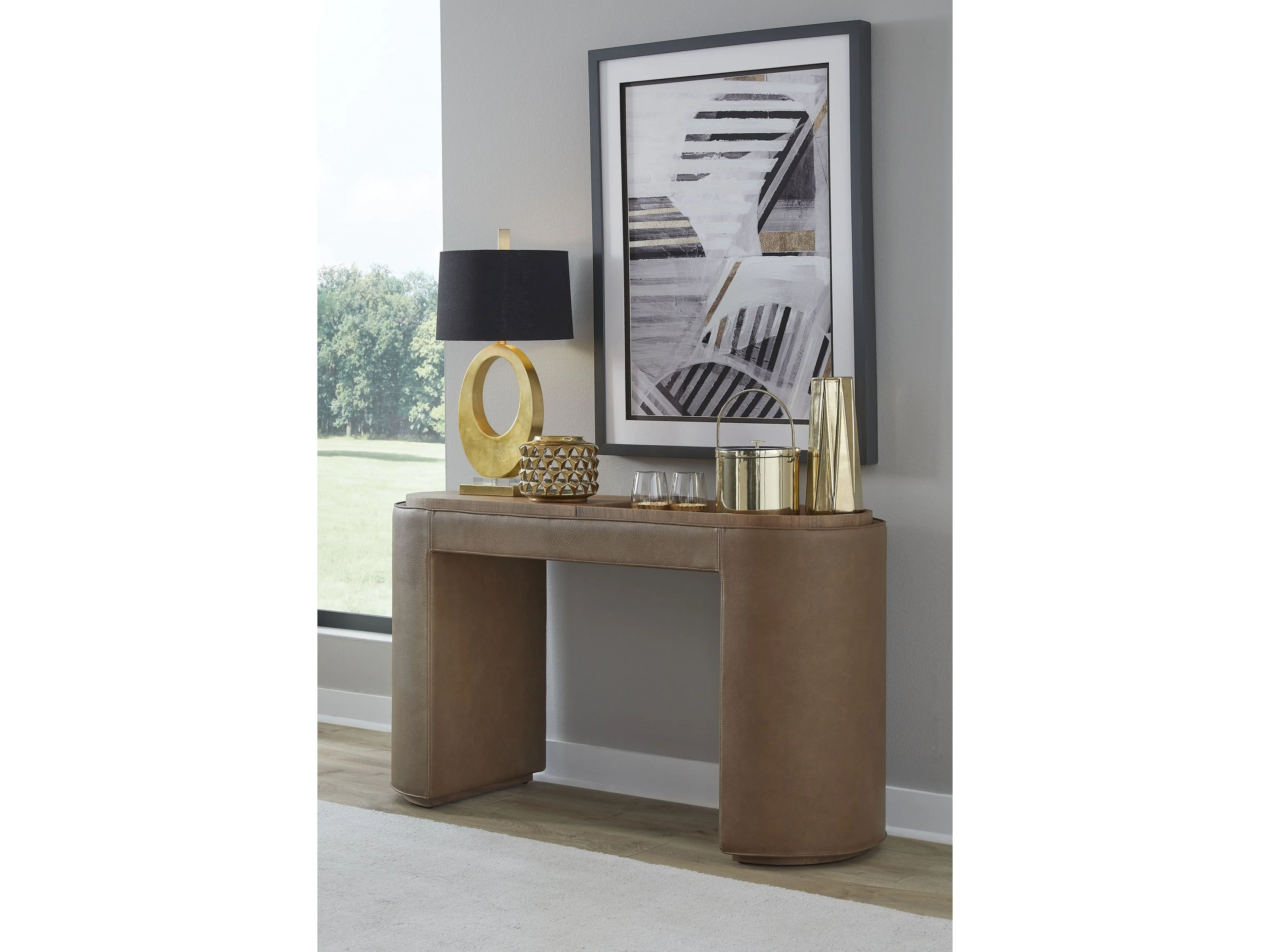 Yeal Sahara Leather Upholstered Storage Console Table with Wooden Tray Top