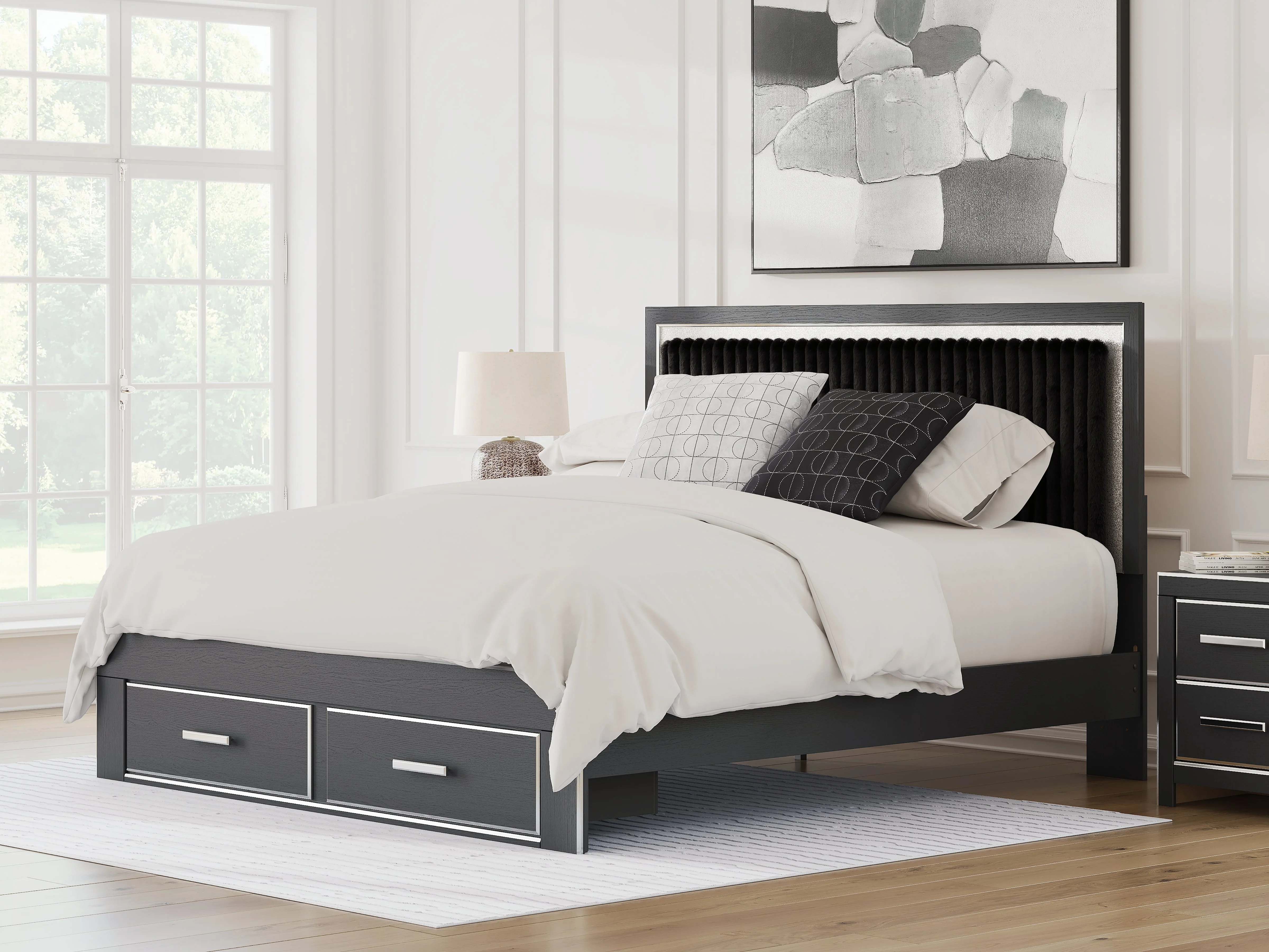 Zuraleus Black Upholstered Storage Panel Bedroom Set with 2 Footboard Drawers - Image 2